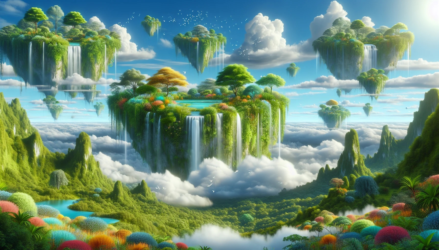 Imagine a breathtaking scene where luscious, green floating islands hover gracefully in a vibrant, azure sky. Each island is adorned with cascading waterfalls that sparkle in the sunlight, and colorful flora blooms in abundance, creating a feast for the eyes. Below, fluffy white clouds drift lazily, while a soft breeze carries the sound of rustling leaves and distant birdsong, inviting you into this tranquil paradise.