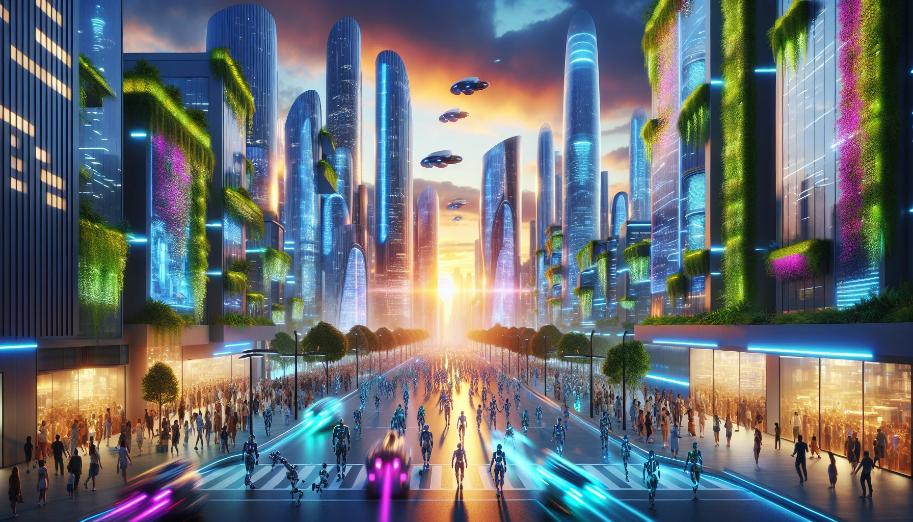 Imagine a sprawling city of the future, where sleek skyscrapers rise like glass obelisks against a spectacular sunset. Neon lights flicker to life, illuminating the streets bustling with diverse humanoid robots and humans in vibrant attire. Hovercraft zip through the air, while lush greenery cascades from vertical gardens. The atmosphere is electric, blending advanced technology with the beauty of nature, creating an awe-inspiring vision of tomorrow.