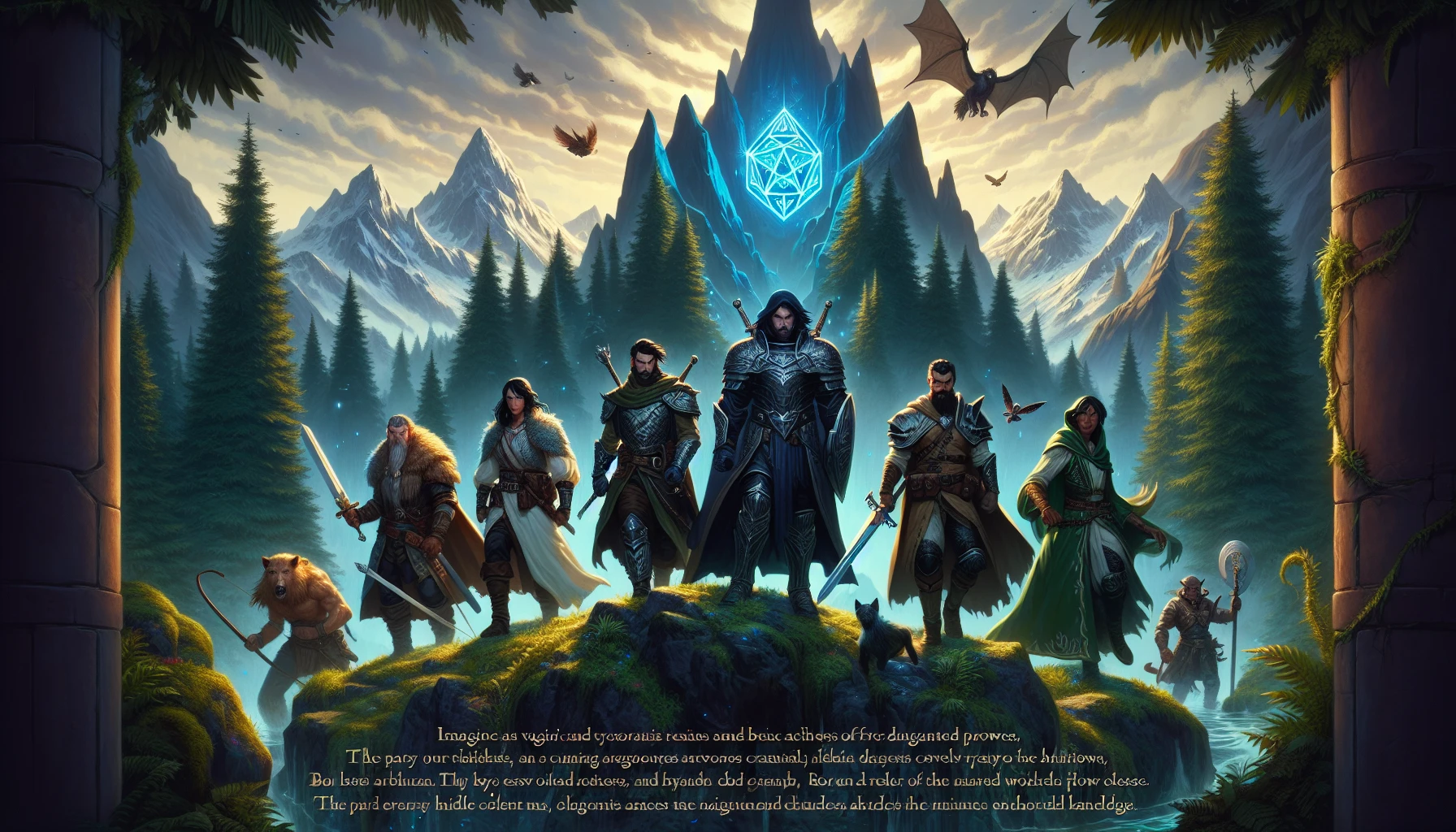 In a vast, mystical realm filled with towering mountains and whispering forests, a band of valiant heroes embarks on an epic quest to retrieve the fabled Enchanted Relic. Each character, from a fierce warrior to a cunning rogue, faces treacherous terrains and mythical beasts. As they unravel ancient riddles and battle dark forces, their bond strengthens, leading them towards destiny's breathtaking, climactic showdown.