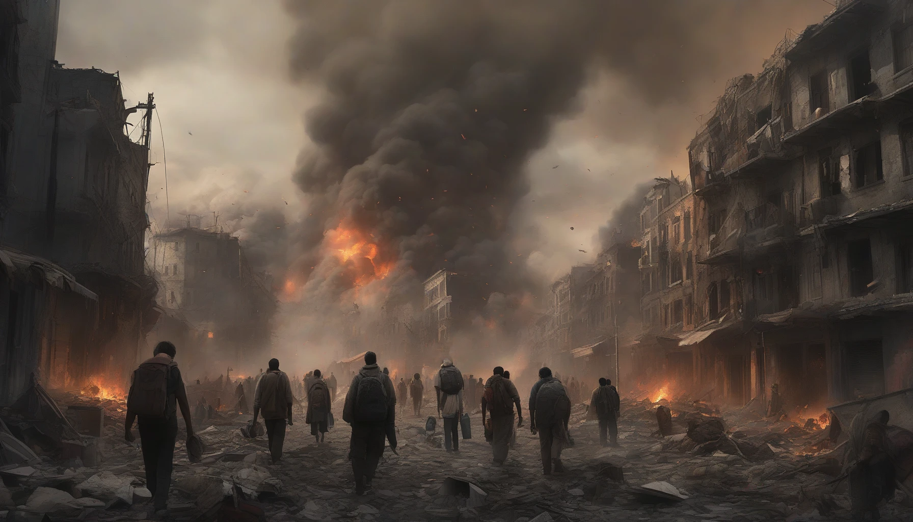 A heart-wrenching scene unfolds as a diverse group of civilians, burdened by their meager belongings, flees a war-torn city engulfed in smoke and chaos. Expressions of fear, determination, and resilience are etched on their faces. The backdrop features crumbling buildings, glowing embers, and darkened skies, creating a stark contrast to the bright moments of hope and solidarity as they cling to one another, forging a path to safety amidst despair.