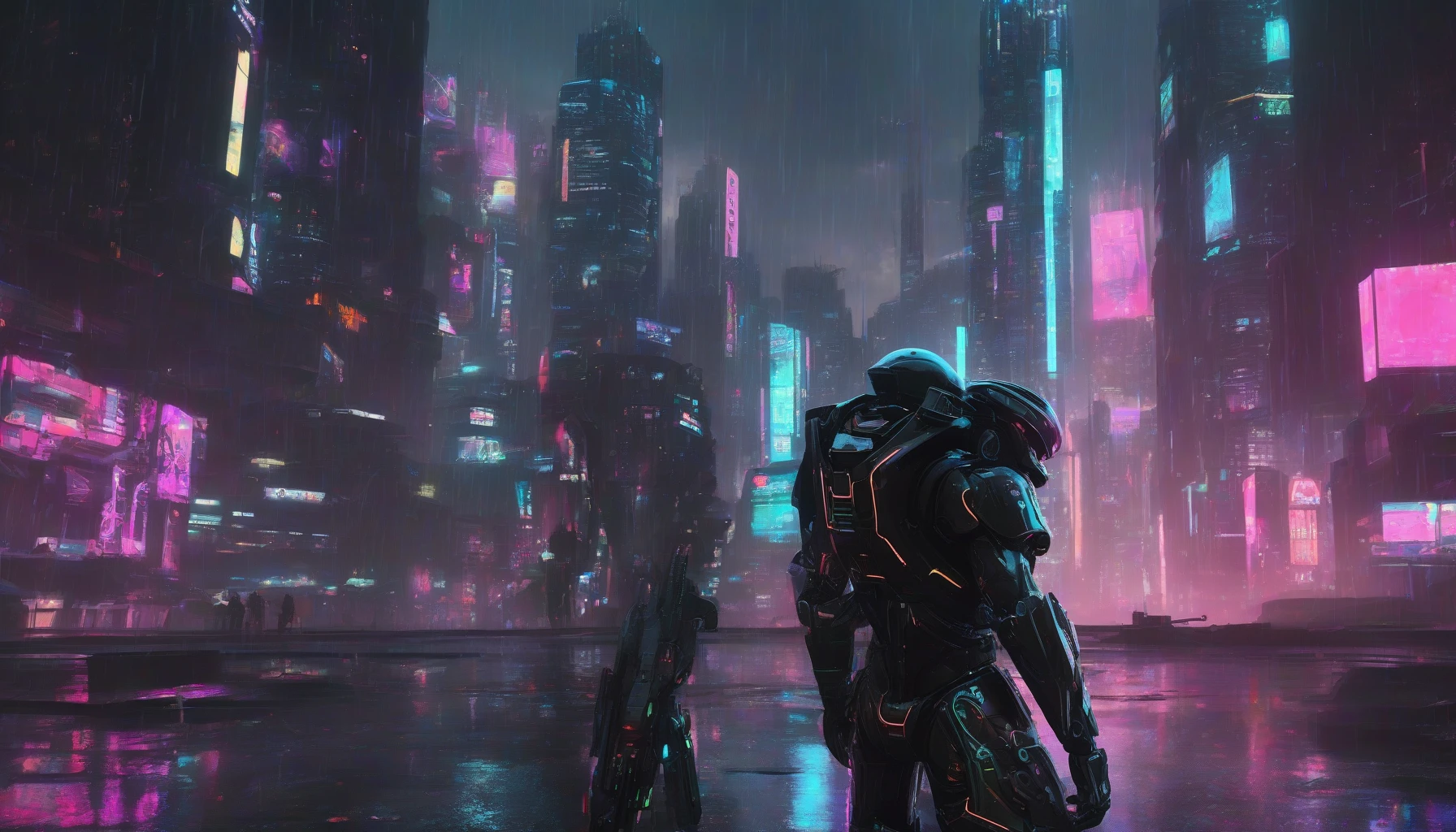 Visualize a cutting-edge soldier clad in sleek, high-tech power armor, standing amidst a glowing cyberpunk cityscape. The armor is a blend of matte black and neon accents, reflecting advanced technology. The soldier's visor glows ominously as they prepare for battle, surrounded by holographic displays and towering skyscrapers. Rain falls gently, creating a dramatic atmosphere, while distant explosions illuminate the night sky, hinting at an ongoing conflict.