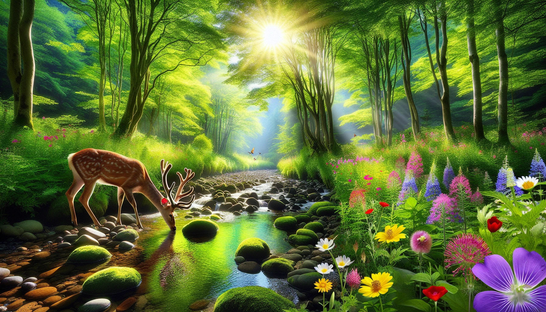 A breathtaking scene unfolds, showcasing a vibrant forest teeming with life, where sunlight filters through a canopy of lush green leaves. In the foreground, a crystal-clear stream winds its way over smooth stones, reflecting the azure sky. Colorful wildflowers bloom beside the water, and a majestic deer pauses to drink, symbolizing the harmony between wildlife and the pristine environment. This image captures the essence of environmental awareness and the beauty of nature.