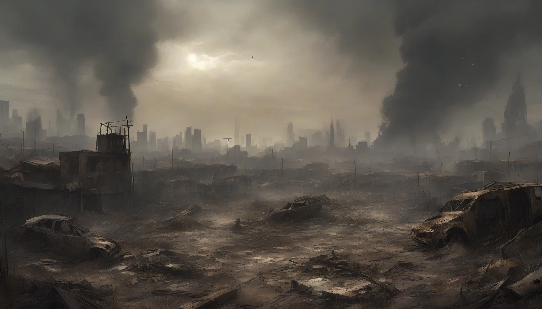 A post-apocalyptic landscape sprawls before you, where charred earth meets the remnants of destruction. Scattered debris from a recent explosion litters the ground, twisted metal and shattered concrete jutting out like jagged teeth. A thick, smoky haze hangs in the air, casting an eerie glow over the scene, while the distant outline of a ruined city looms under a brooding sky. Each detail tells a story of loss and desolation.