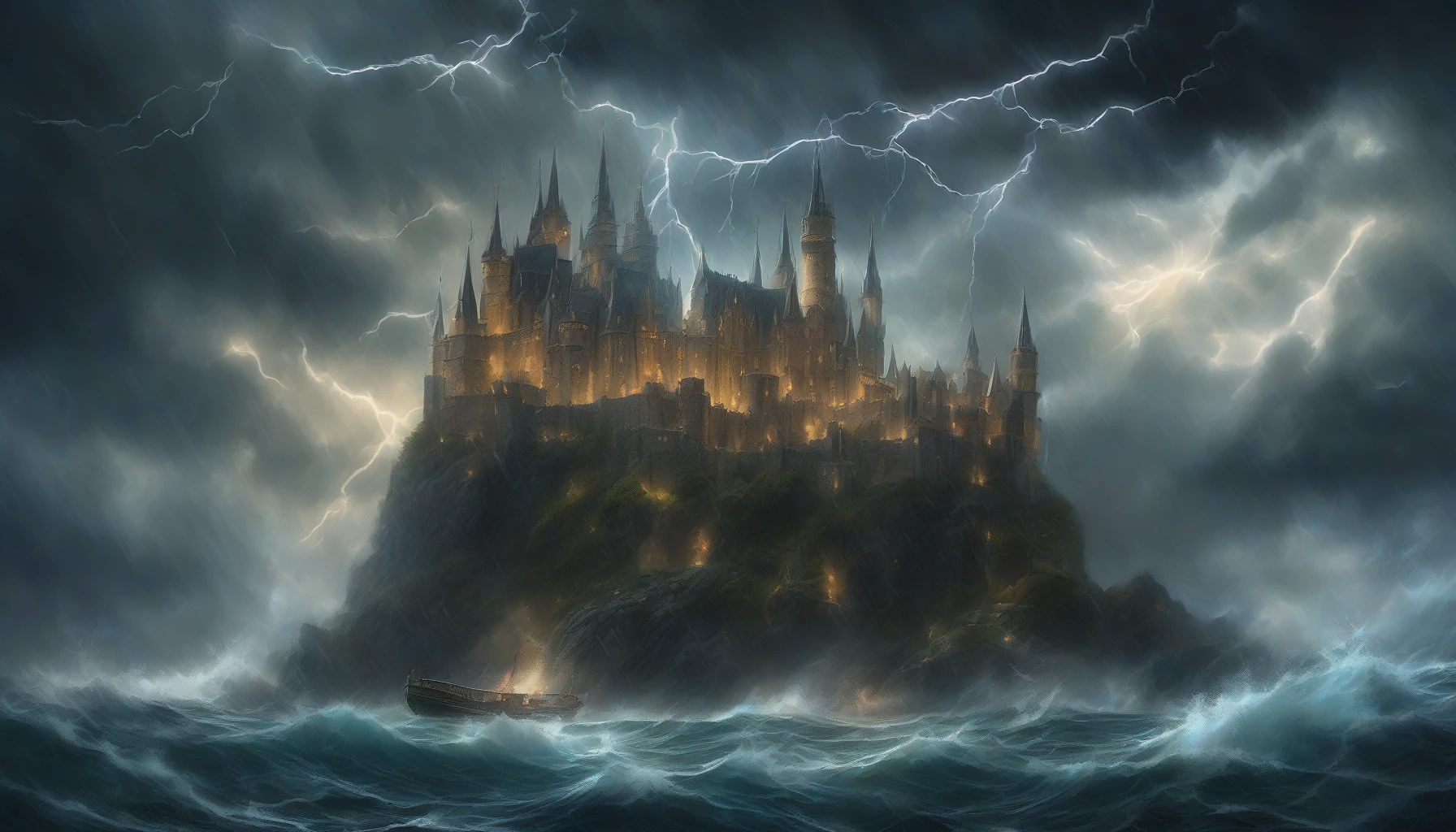 Picture a magnificent floating castle, suspended amid turbulent storm clouds, with flashes of lightning illuminating its ornate spires. The castle's stone facade glistens with rain, while dramatic winds whip around it, creating a sense of enchanting chaos. Below, turbulent seas churn violently, reflecting the stormy sky above. Ethereal lights shimmer from within the castle, suggesting warmth and safety amidst nature’s fury, inviting adventurers to seek refuge.