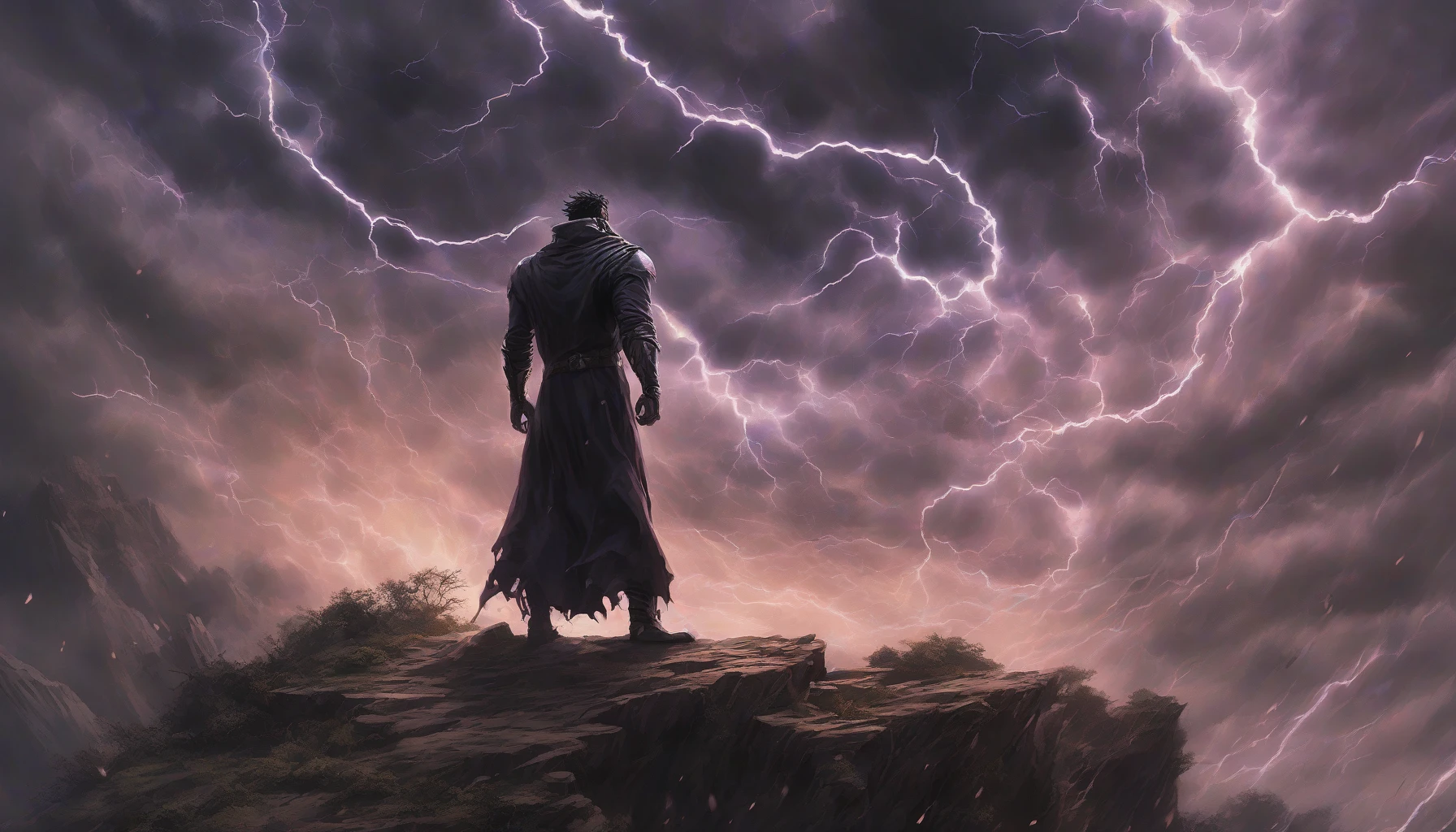 A formidable villain stands atop a ragged cliff, arms outstretched, channeling dark energy to unleash a colossal shockwave rippling through the air. The landscape shatters around him, trees bending and collapsing under the immense force. Lightning crackles in the swirling storm clouds above, illuminating his menacing figure. In the distance, the horizon trembles as the shockwave expands, leaving destruction in its path, embodying the villain's wrath.