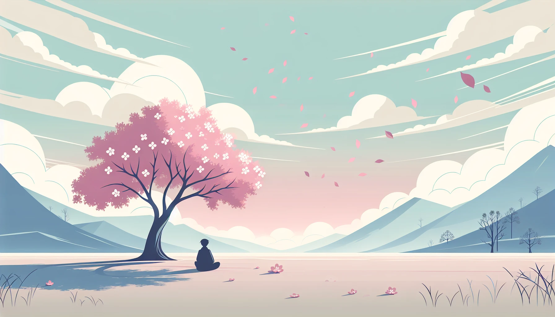 Create a captivating scene featuring a serene landscape, characterized by minimalist anime style. Utilize flat colors and clean lines to evoke a sense of tranquility. Imagine a lone figure sitting beneath a flowering cherry blossom tree, with petals drifting gently in the breeze. The background showcases soft pastel skies, enhancing the peaceful ambiance, while simple shapes and shadows add depth without overwhelming the composition.