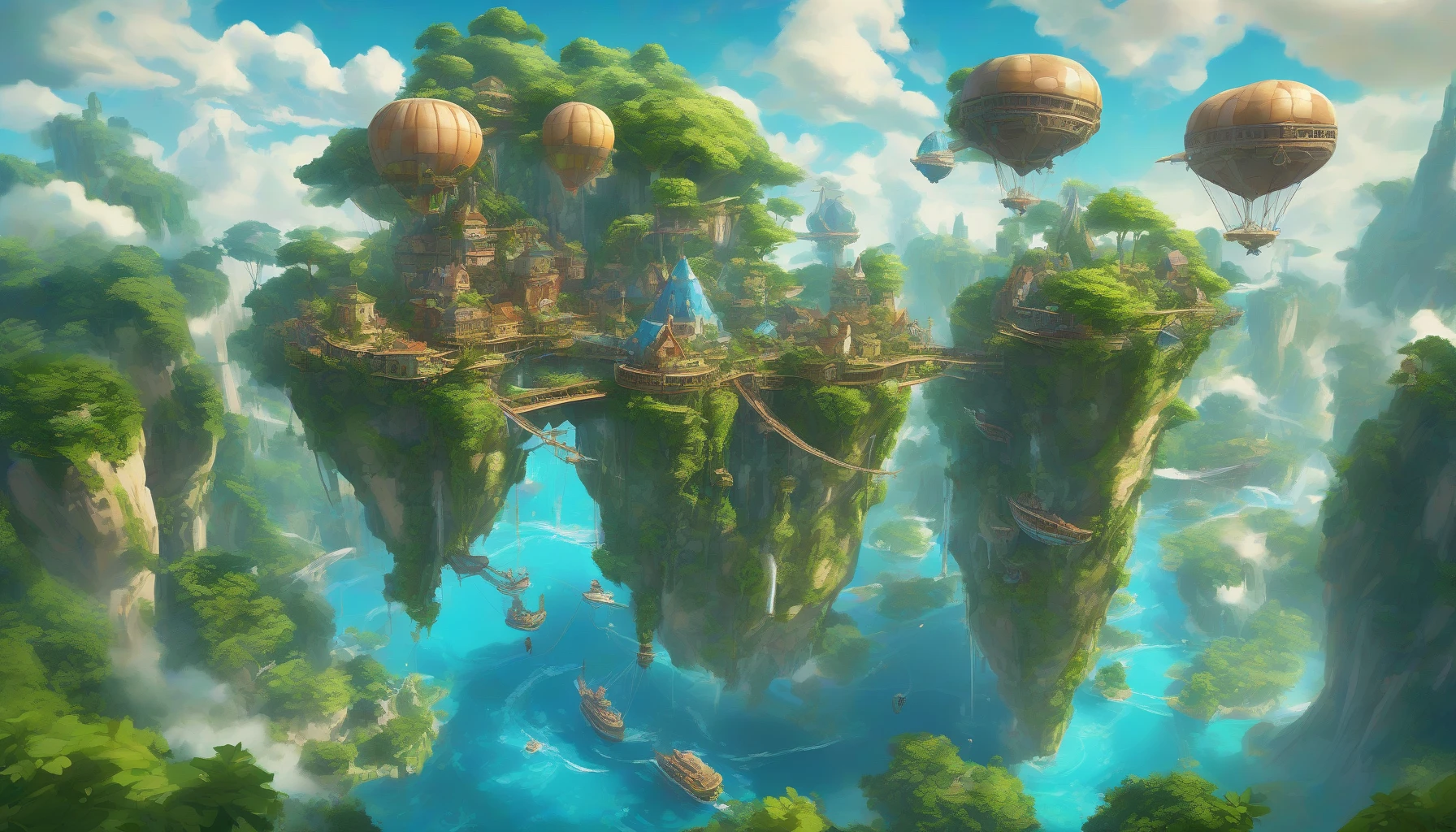 Immerse yourself in a breathtaking scene where whimsical floating islands drift serenely in a vibrant azure sky. Each island is lush with verdant trees and cascading waterfalls, while intricately designed airships sail gracefully between them. The air is alive with the sounds of laughter and the gentle hum of engines, as explorers embark on their journeys through this enchanting aerial realm, capturing the essence of adventure and wonder.