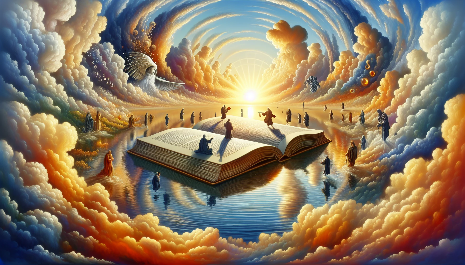 Visualize a serene landscape where a colossal, open book floats above a tranquil lake, its pages fluttering in the wind. Ethereal figures, representing iconic philosophers, wander among soft clouds, engaging in animated discussions. The sky transitions from dawn to dusk, symbolizing the passage of time and knowledge. Soft, golden light reflects off the water, casting ripples that blend into deep philosophical symbols, creating a harmonious junction of thought and nature.