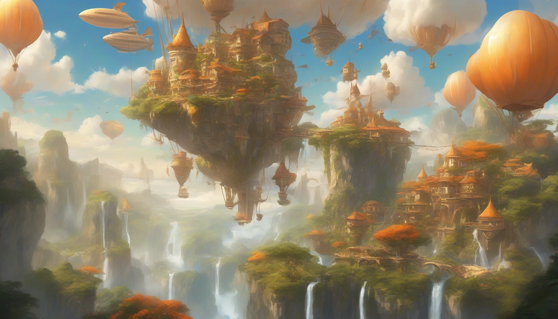 Imagine a breathtaking panorama where fluffy white clouds cradle vibrant, lush floating islands, each adorned with cascading waterfalls and blooming vegetation. Majestic airships glide gracefully among these ethereal landmasses, their sails billowing in the gentle breeze. The warm hues of a setting sun paint the scene in gold and orange, while curious creatures flit about, inviting viewers into an enchanting world of wonder and adventure.