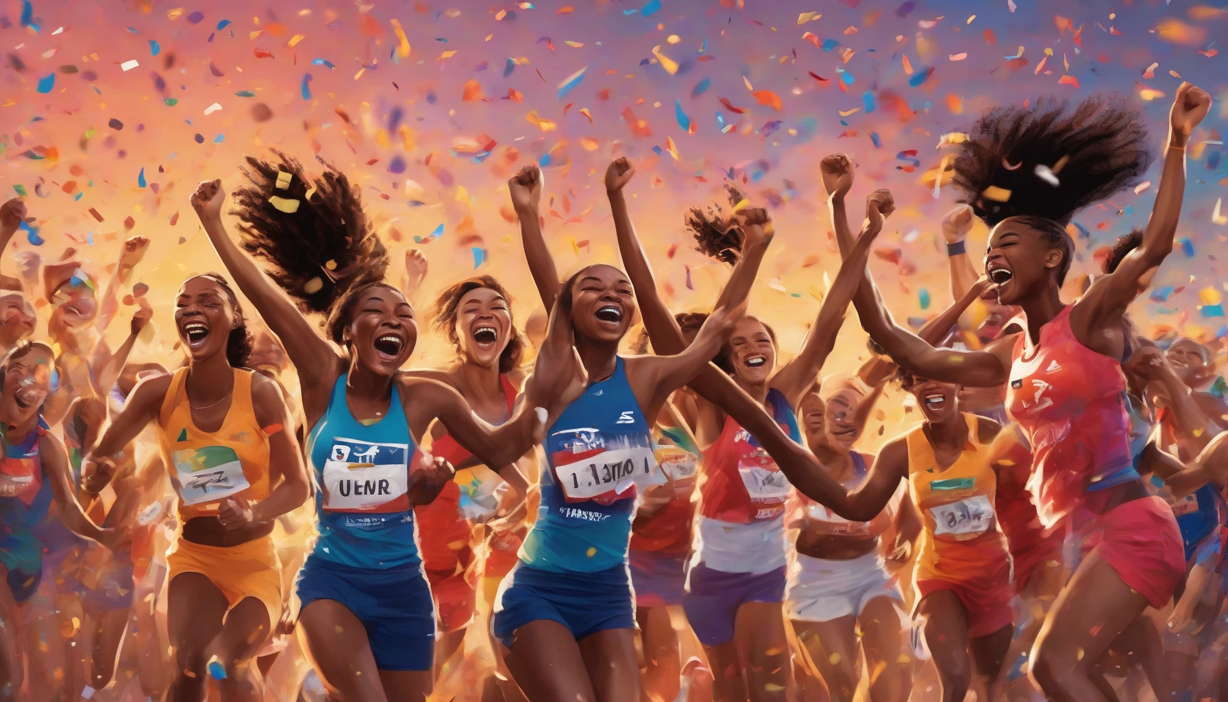 Capture a moment of pure elation as a diverse group of athletes celebrates their hard-earned victory under a vibrant sunset. Their faces radiate joy, with laughter and tears mingling in the warm evening light. Confetti swirls through the air, and the team embraces, each person reflecting a unique story of struggle and triumph. The backdrop features a cheering crowd, symbolizing the culmination of dedication and teamwork.