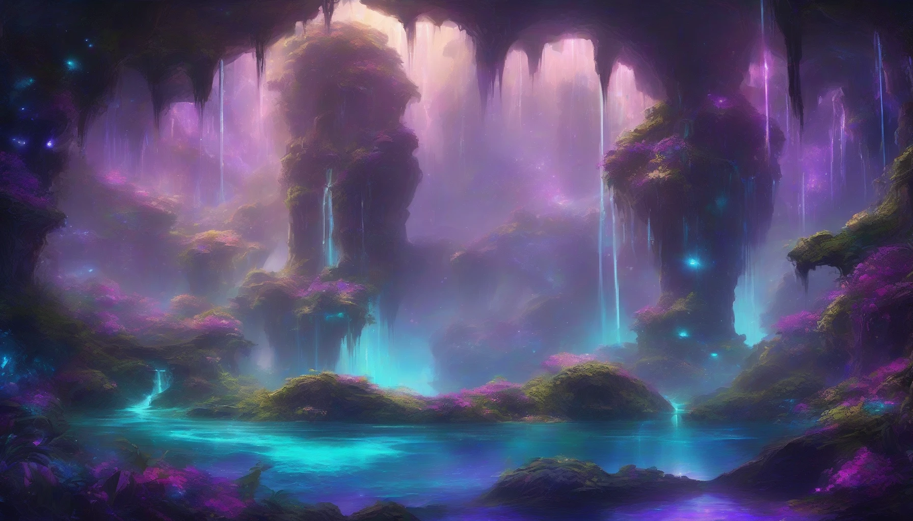 Imagine a breathtaking scene of ethereal islands suspended in the void, each adorned with lush, alien vegetation. Cascading waterfalls spill over the edges, their luminescent waters reflecting vibrant hues of violet and turquoise. Surrounding the islands, swirling mists dance with glimmers of starlight, creating a mystical atmosphere. The expansive void beyond adds a sense of infinity, making this otherworldly paradise feel both enchanting and surreal.