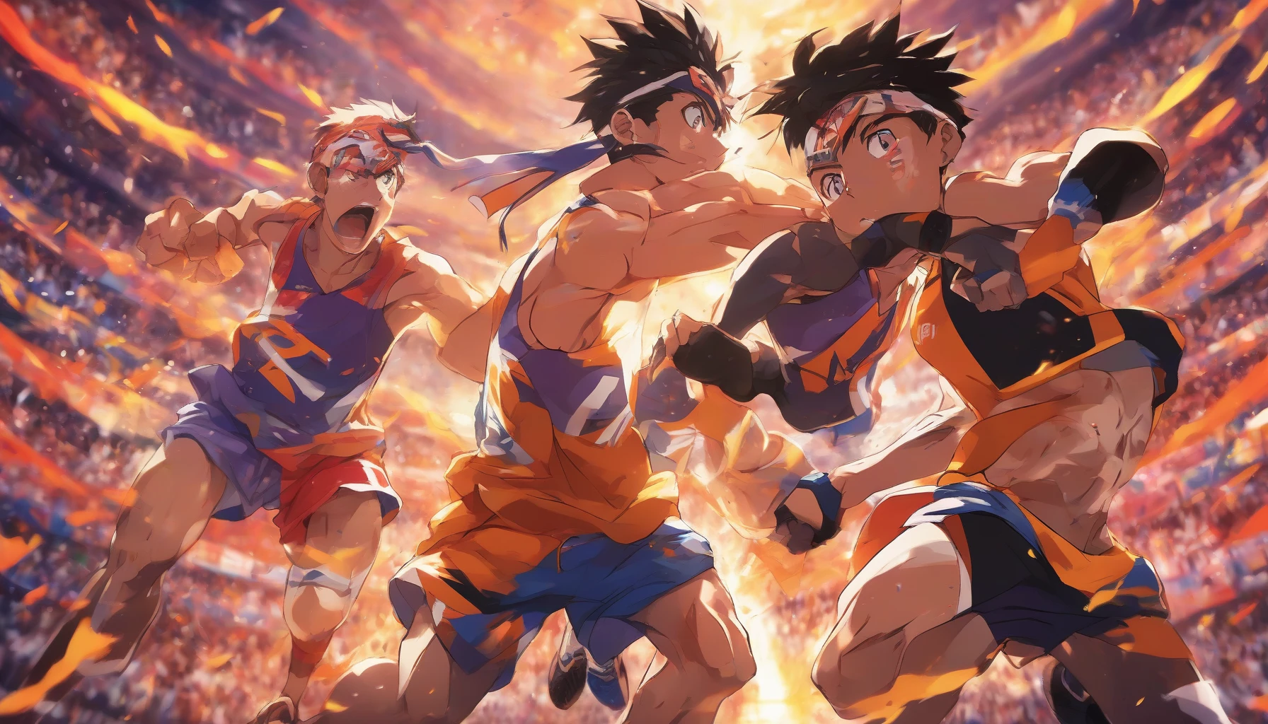 In a vibrant anime-styled arena, two determined athletes face off under a blazing sunset. Their fierce expressions reveal the intensity of their rivalry, each poised for action. The dynamic background showcases an electrifying crowd, banners waving, and colors bursting with energy. Sweat glistens on their brows, symbolizing countless hours of training. This moment encapsulates the spirit of competition, ambition, and the unbreakable bonds forged through rivalry.