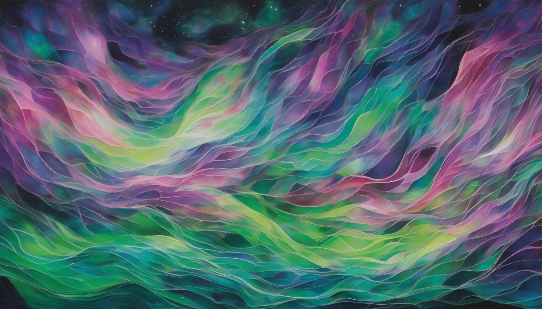 Imagine a mesmerizing night sky painted with vibrant hues of green, purple, and pink as the aurora dances above. Geometric patterns emerge and twist within the flowing lights, creating a harmonious fusion of nature and abstract art. Each shape morphs and shifts, casting ethereal reflections on the icy ground below, inviting viewers to lose themselves in this enchanting spectacle of color and form.