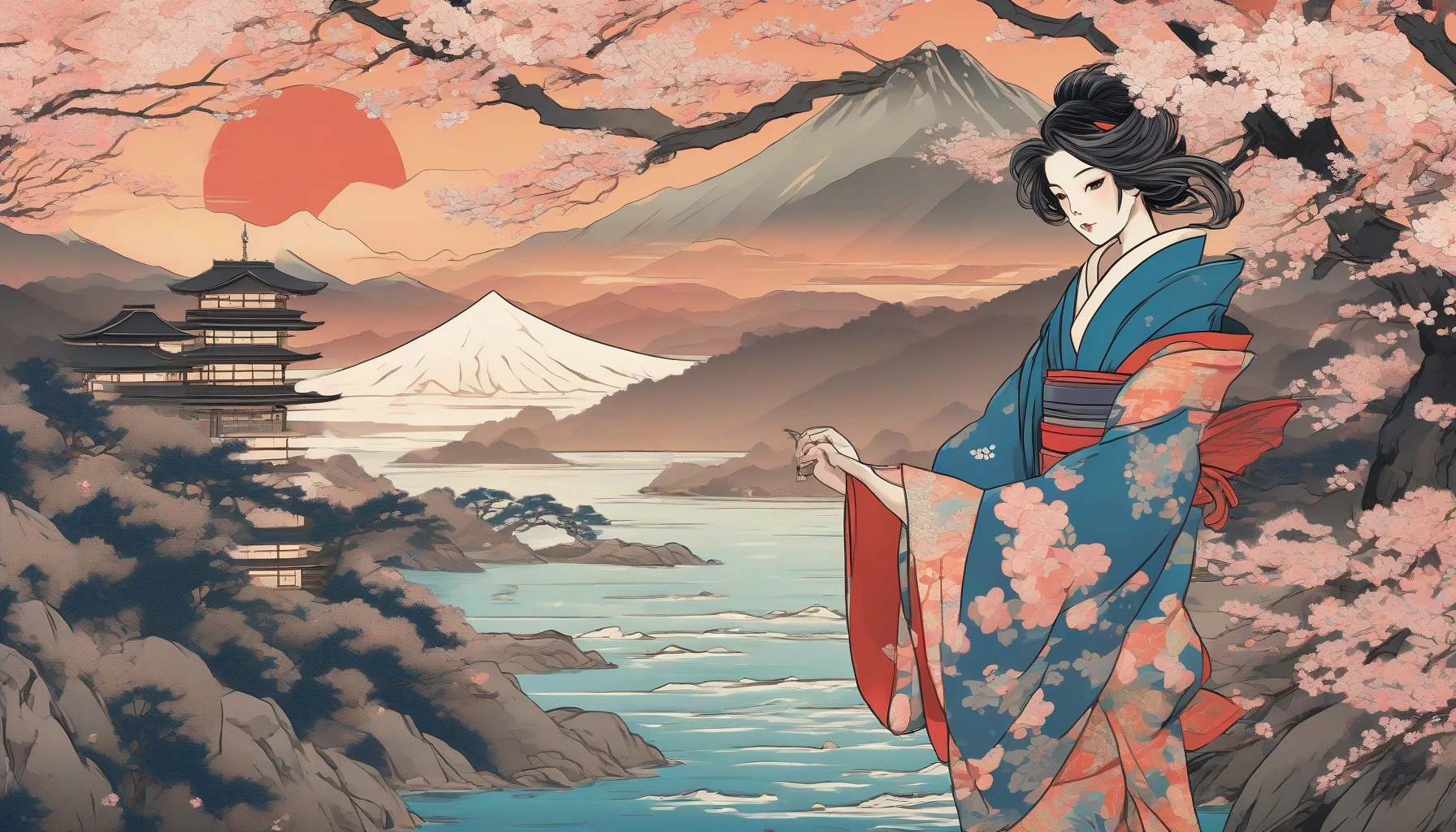 Imagine a vibrant scene where traditional Japanese ukiyo-e meets contemporary anime style. A gracefully poised female figure, adorned in a kimono decorated with swirling waves and cherry blossoms, stands against a backdrop of majestic mountains and a tranquil river. Her long hair flows like silk, reflecting hues of the setting sun. The overall composition is a harmonious blend of rich colors, intricate patterns, and dynamic expression, capturing a timeless beauty.