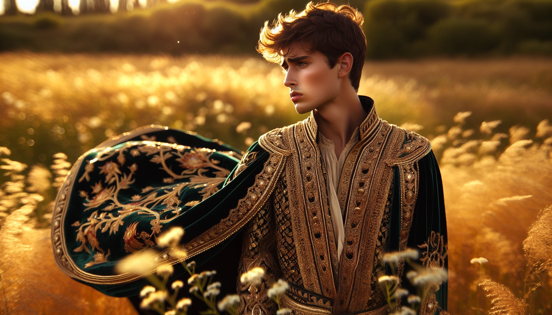 A young prince stands at the edge of a sun-kissed meadow, draped in a flowing royal cape that billows gently in the breeze. His cape, adorned with intricate gold embroidery and rich emerald velvet, reflects the light as he gazes thoughtfully toward the horizon. In the background, blossoming wildflowers dance under the warm sun, enhancing the enchanting atmosphere of noble promise and adventure that surrounds him.