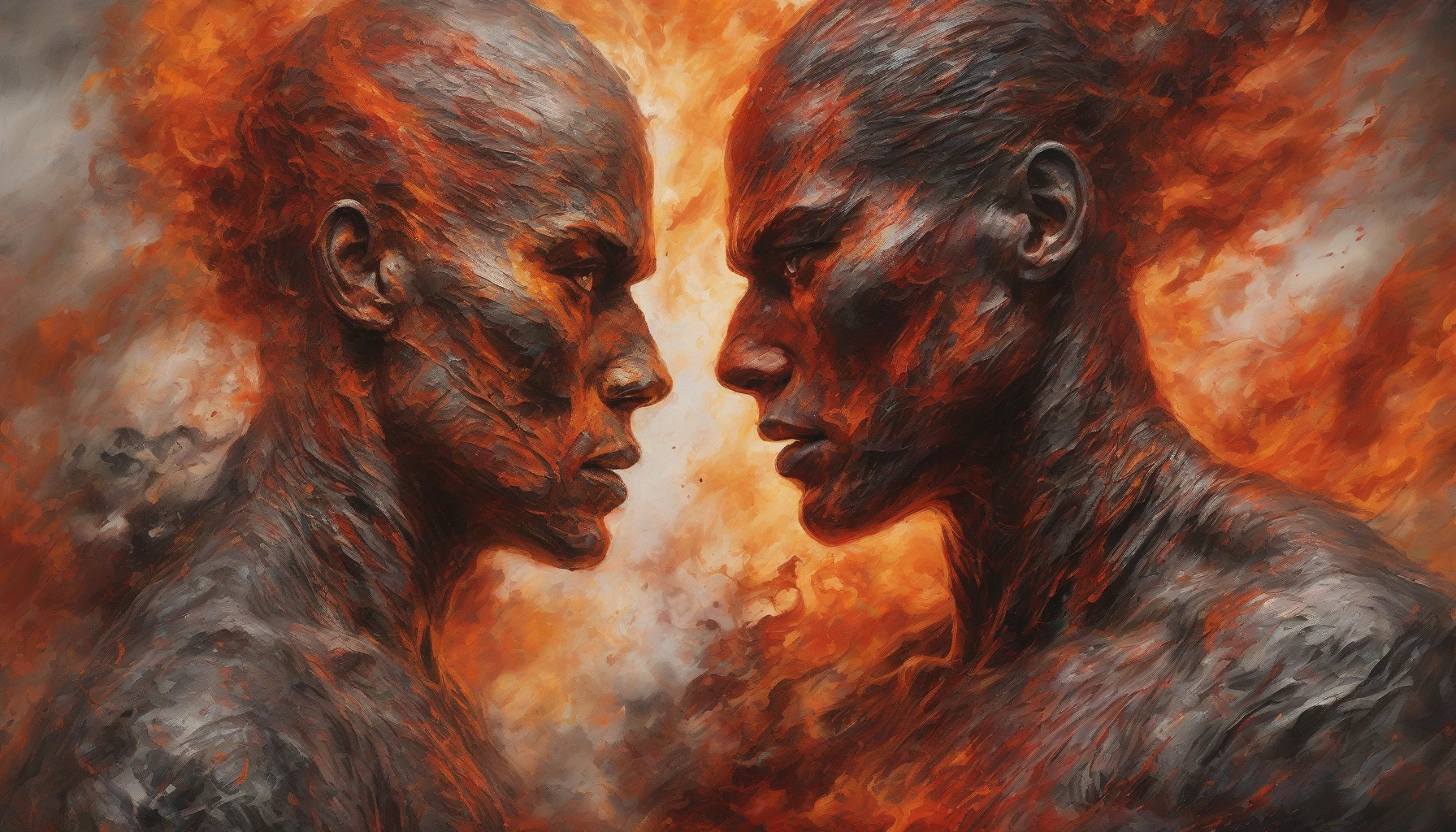 In a dramatic landscape of swirling smoke and embers, two fierce competitors stand face to face, their fiery stares clashing like molten steel. The air crackles with tension, as vivid shades of red and orange illuminate their expressions. Each detail—the sweat on their brows, the determination in their eyes—reveals the depth of their rivalry, promising an explosive confrontation that could change everything.