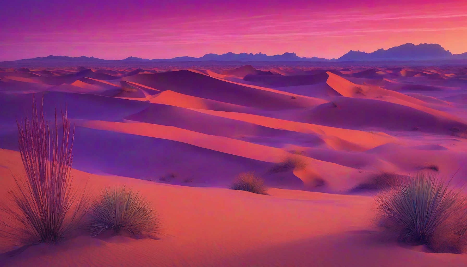 Imagine a surreal desert landscape under a twilight sky, where the sun sets in vibrant hues of violet and orange. Towering crystalline structures rise dramatically from the sand, their surfaces shimmering with iridescent colors. Jagged and smooth facets reflect the fading light, casting prismatic shadows across the dunes. Strange, luminescent flora dot the scene, pulsating softly, adding an air of mystery to this otherworldly terrain.