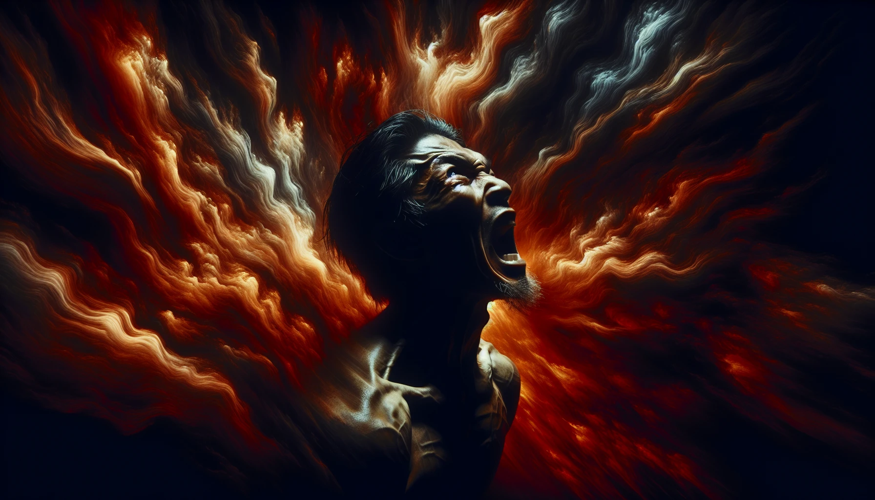 A tempestuous scene captures an individual caught in a passionate outburst, their face illuminated by stark, dramatic lighting that accentuates every muscle and vein. Shadows dance across the walls, creating a chaotic backdrop that mirrors the intensity of their emotions. The colors swirl—fiery reds and deep blacks—emanating raw energy, as the atmosphere crackles with the palpable tension of a moment on the brink of explosion.