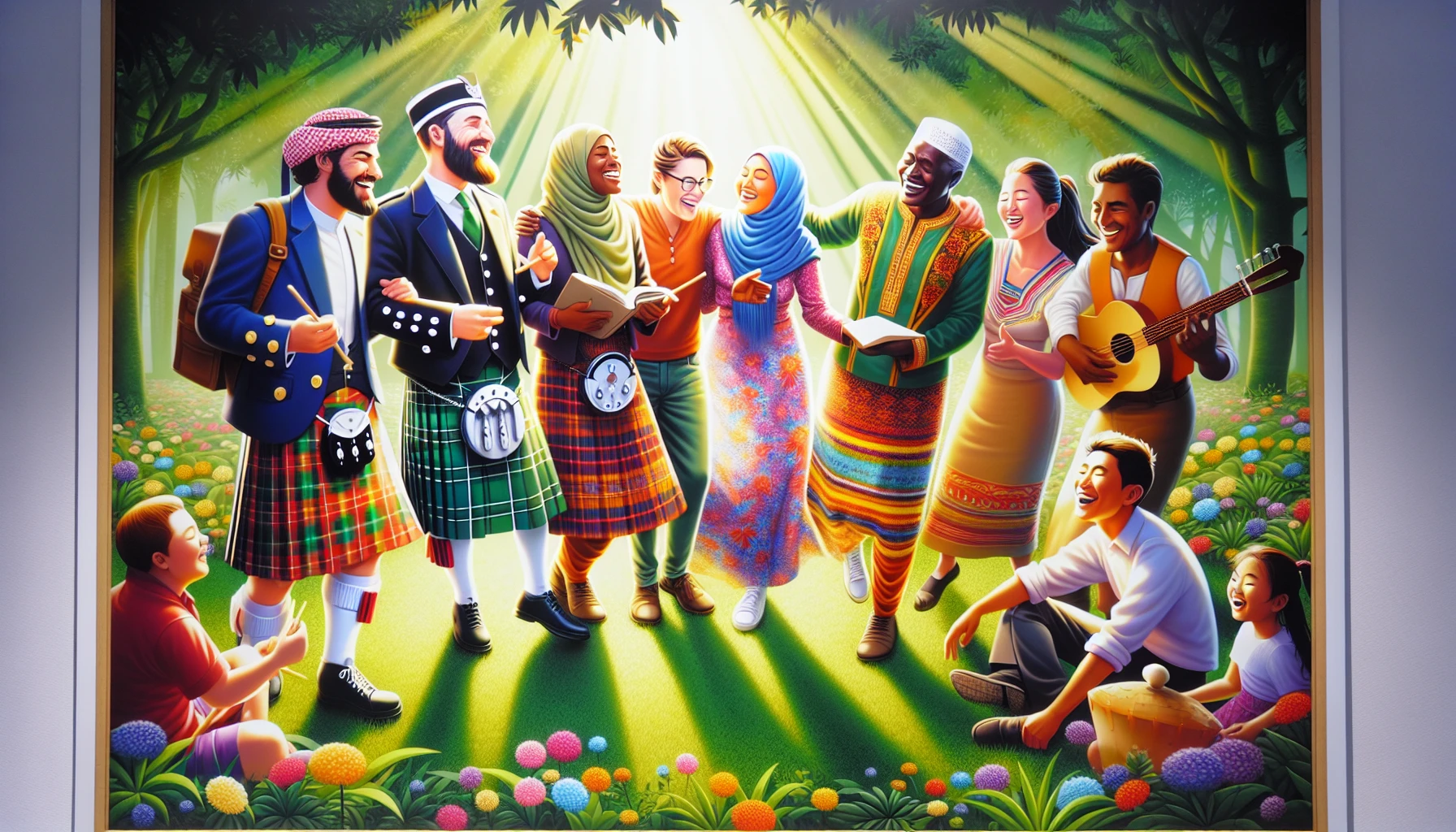 A vibrant scene depicting a diverse group of individuals from various cultures and backgrounds, joyfully gathered in a sunlit park. Each person is dressed in traditional attire that reflects their heritage, celebrating inclusivity. Lush greenery surrounds them, with colorful flowers adding a splash of color. Laughter and camaraderie fill the air as they share stories, snacks, and music, illustrating the beauty of human connection across differences.