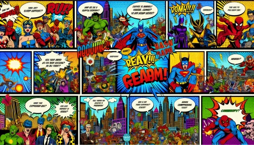 Dive into a dynamic comic world where bold colors and exaggerated features bring characters to life. Imagine a bustling cityscape filled with superhero antics, whimsical creatures, and quirky sidekicks, all set against a backdrop of pop-art panels. The scene captures energy and excitement, with speech bubbles bursting with witty phrases, drawing viewers into a playful narrative that leaps off the page.