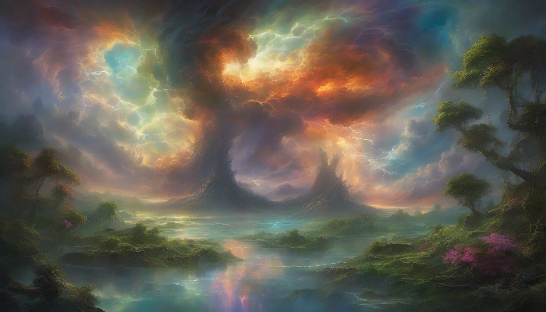 Visualize a breathtaking scene where a colossal rift cracks through a vibrant sky, revealing swirling colors and fantastical worlds beyond. Dark storm clouds loom ominously around the edges, while beams of ethereal light cascade from the opening. Below, a serene landscape contrasts the chaos above, with lush greenery and tranquil waters reflecting the otherworldly phenomenon. This fusion of beauty and turmoil invites viewers into a realm of endless possibilities.