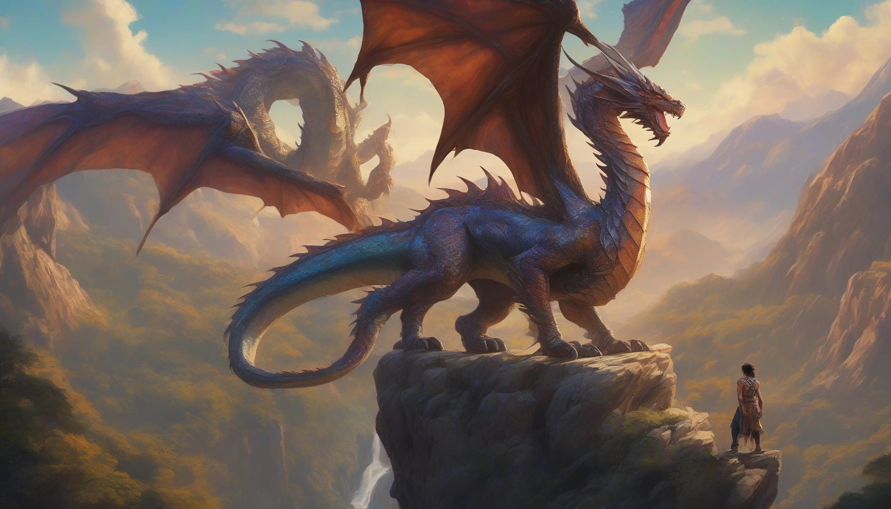 A formidable beast tamer stands atop a rocky cliff, a picture of strength and bond with his majestic dragon companion, whose iridescent scales glint in the sunlight. The tamer, clad in rugged leather and adorned with intricate tribal tattoos, extends a hand toward his dragon, who unfurls vibrant wings, ready for flight. Below, a lush valley stretches out, hinting at adventures waiting to unfold in this fantastical realm.