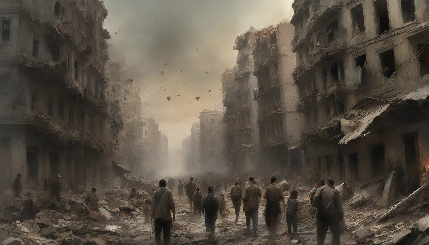 A haunting scene unfolds as civilians flee a war-torn city, their expressions a blend of fear and determination. Crumbling buildings loom overhead, their shattered windows like vacant eyes. The streets, littered with debris, echo the chaos behind them. Groups huddle together, clutching what little remains, while distant sirens wail, painting a vivid picture of desperation and resilience in the face of overwhelming tragedy.