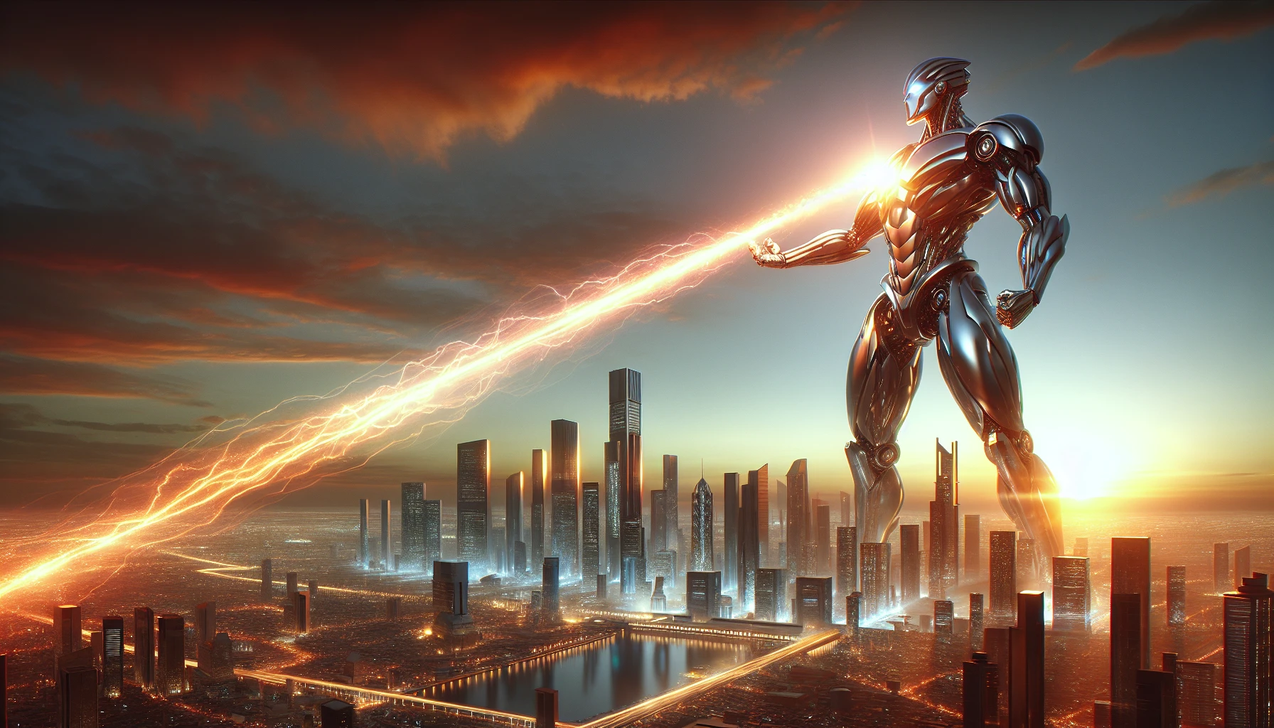 In a sprawling, futuristic city, a colossal robot towers over the skyline, its metallic surface gleaming under the setting sun. With a dramatic posture, it channels immense power into its outstretched arm, unleashing a vibrant, crackling energy beam that streaks across the sky like a shooting star. Sparks fly, illuminating the chaos below as people gaze in awe and fear, caught between wonder and destruction.