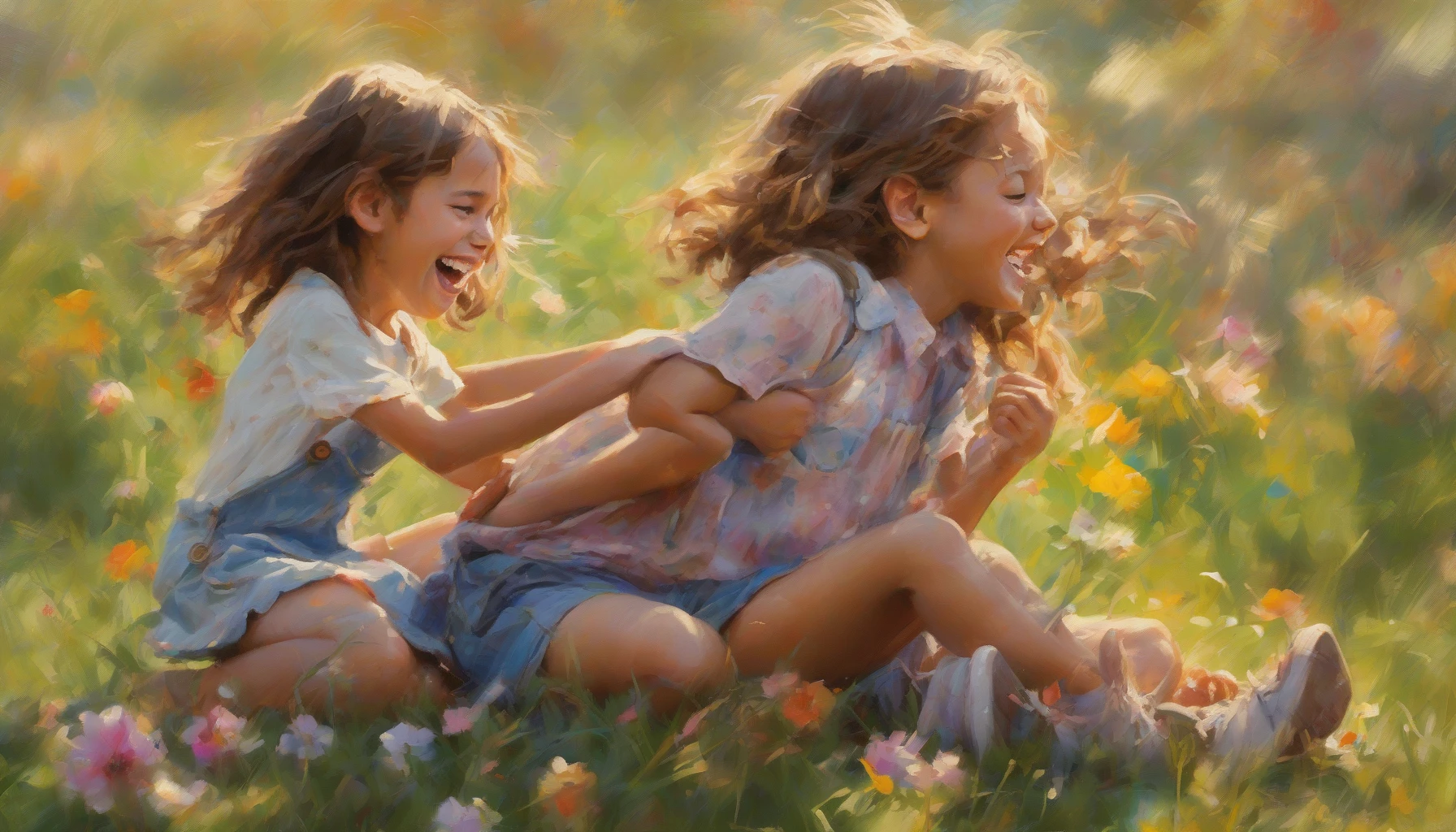 Capture the essence of two childhood friends joyfully engaged in playful banter on a sunlit afternoon. They sit on the grass, laughter spilling from their lips, as one playfully tugs at the other’s hair. Surround them with colorful flowers and a gentle breeze, while their carefree spirit shines through their expressive eyes. This moment encapsulates the innocence and warmth of friendship that lasts through the years.