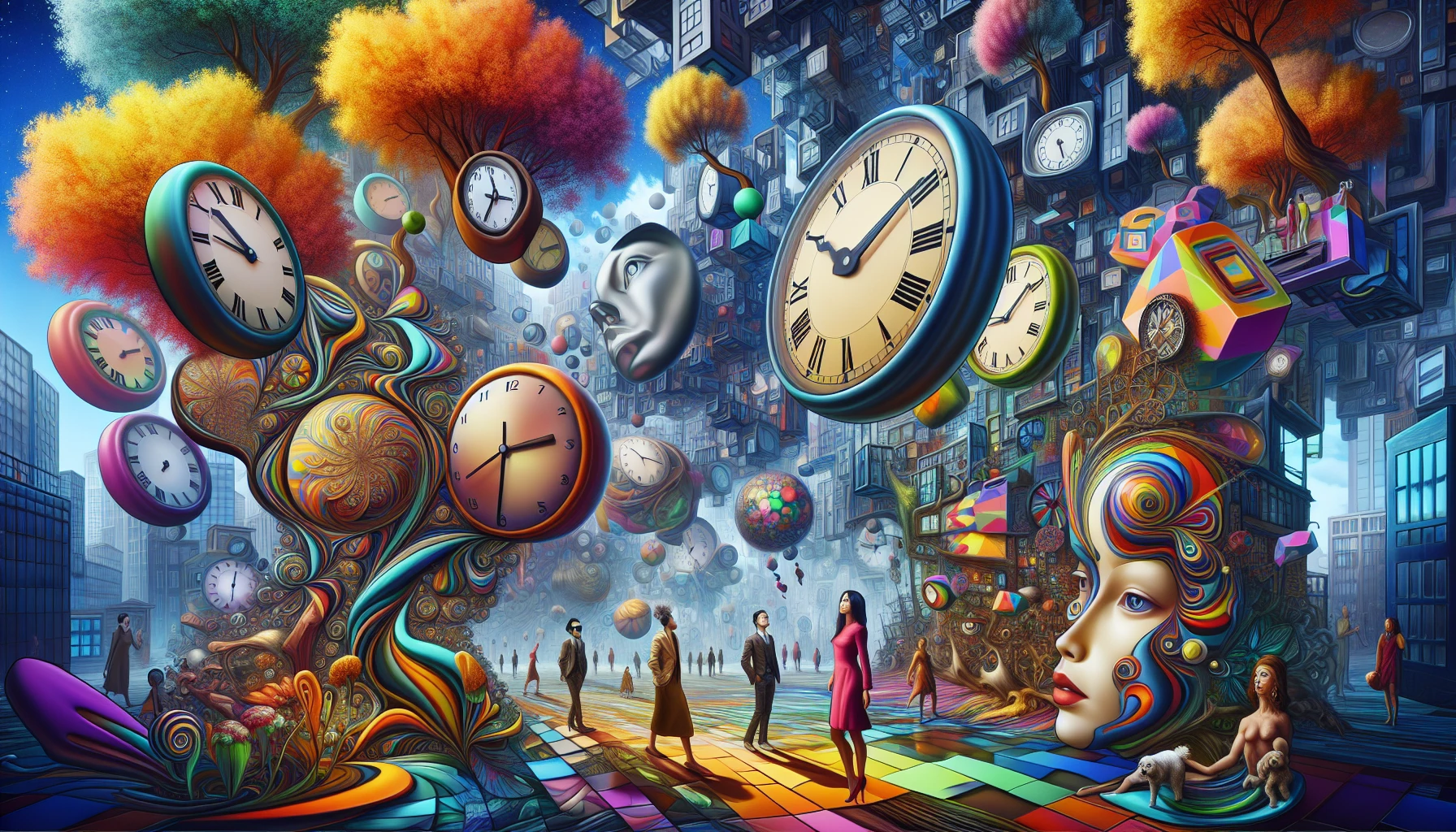 Imagine a dreamscape where reality bends and twists in unexpected ways: giant floating clocks melt over a vibrant cityscape, while trees sprout brilliant colors and geometric shapes instead of leaves. Shadows dance playfully on uneven surfaces, casting whimsical reflections. Inhabitants, with exaggerated features and vivid attire, wander through this paradoxical world, their expressions a blend of wonder and confusion, inviting viewers to explore the depths of imagination and perception.