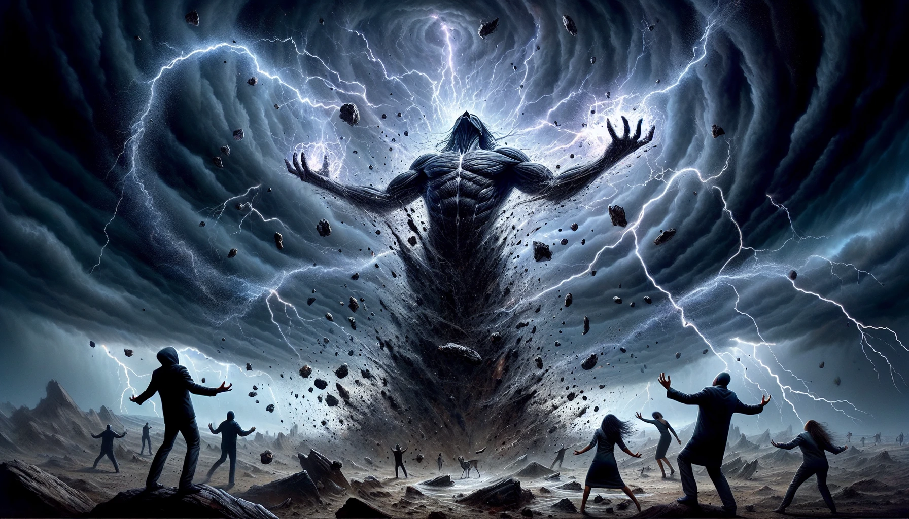 A powerful villain stands at the center of a swirling tempest, arms raised high as they unleash a colossal shockwave that ripples through the landscape. Dark clouds churn above, illuminated by jagged lightning, while debris and energy spiral outward, distorting reality. The ground quakes violently, and onlookers are thrown back in awe and terror. This moment captures the chaotic beauty of destruction unleashed by pure malice.