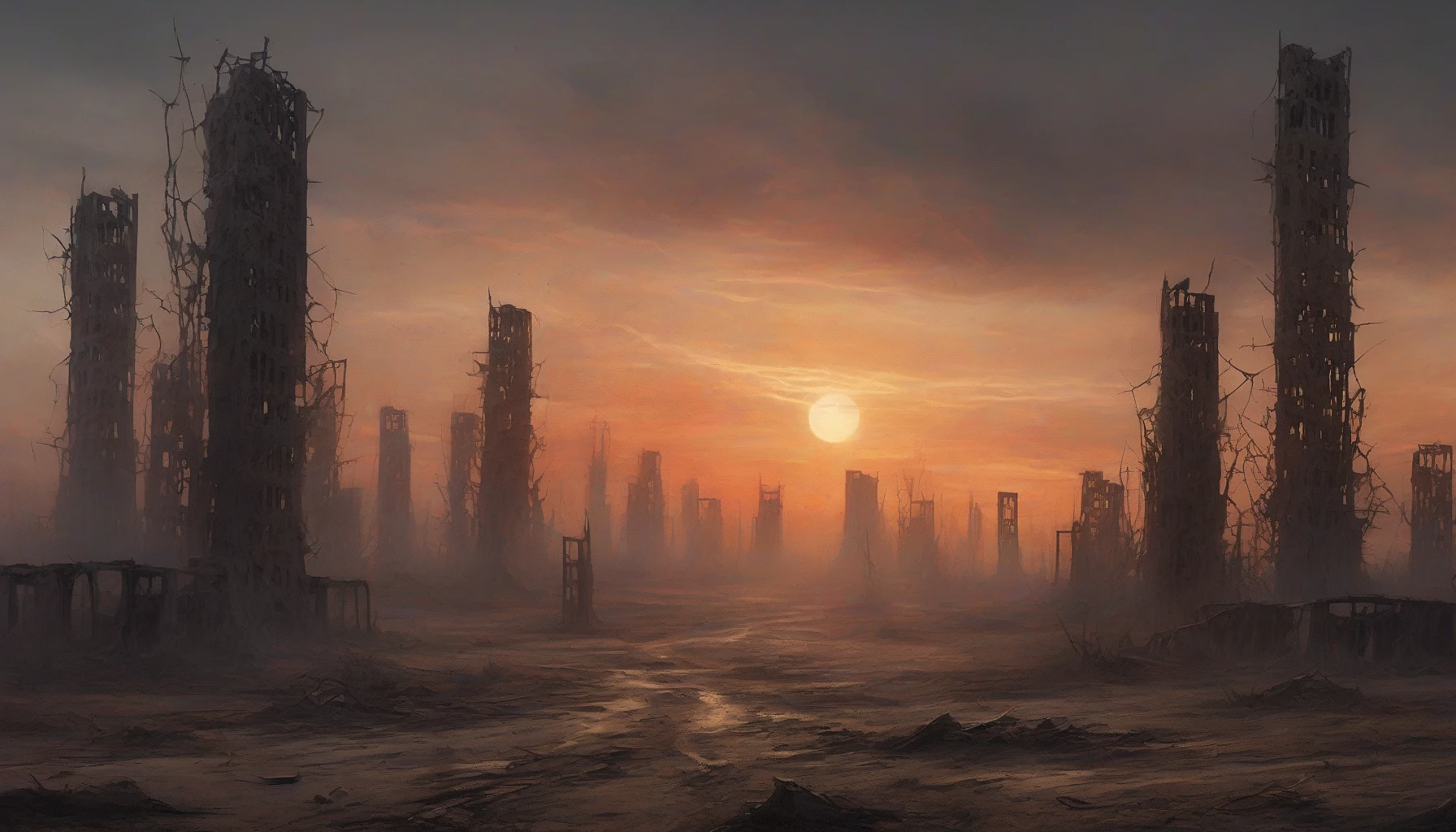 In a desolate landscape, the skeletal remains of towering buildings pierce the horizon, their jagged silhouettes cast against a fiery sunset. Cracked concrete and twisted metal intertwine with barren earth, as ghostly shadows dance in the wind. Dust swirls through the air, whispering tales of a once-vibrant civilization now lost to time, evoking a haunting sense of nostalgia and desolation.