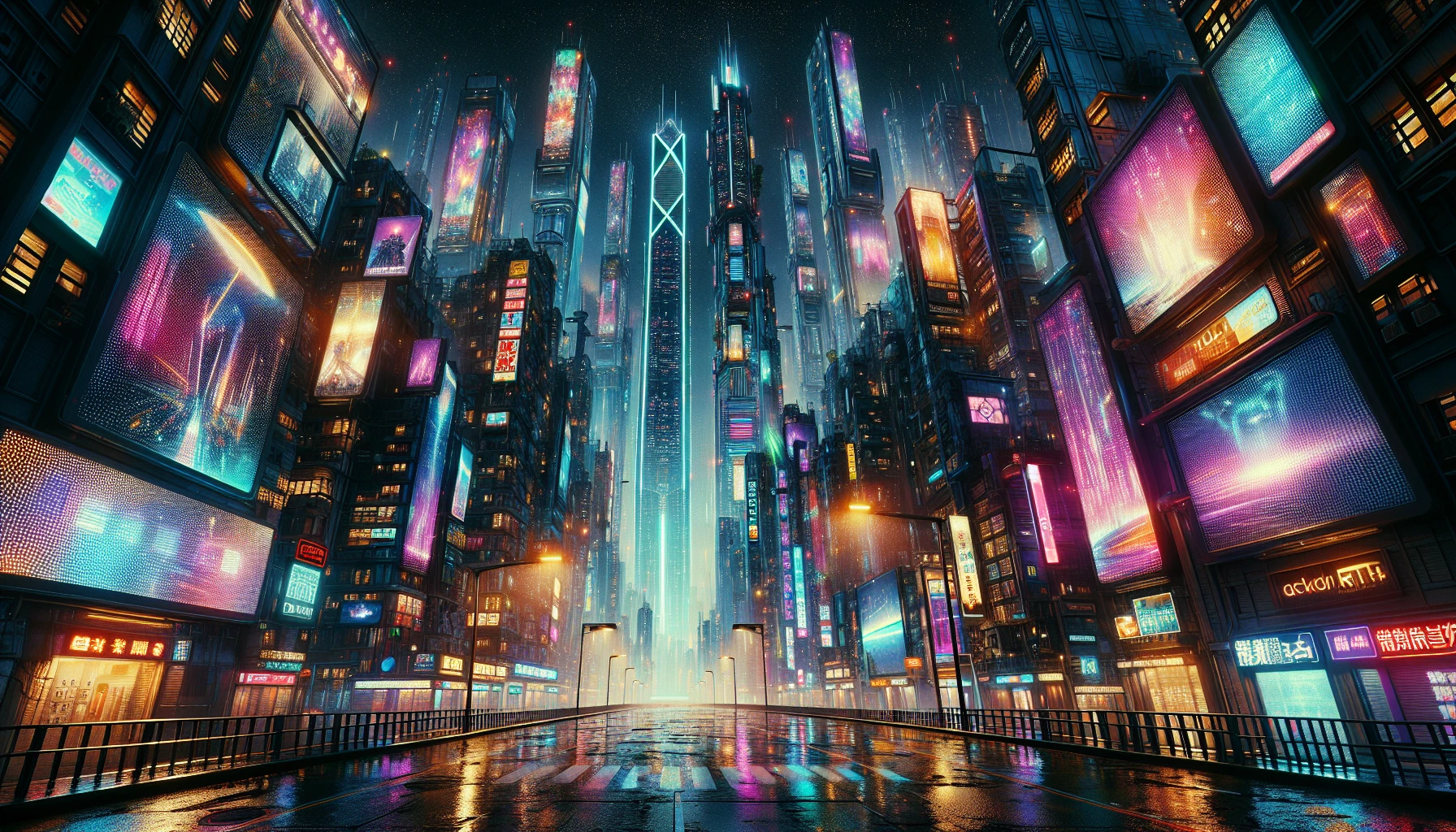 Immerse yourself in a breathtaking ultra-realistic cyberpunk cityscape at night, where vibrant neon lights shimmer off rain-kissed streets. Towering skyscrapers pierce the sky, adorned with intricate holographic billboards that pulse with life and color. The air is thick with the energy of a bustling metropolis, as shadows dance beneath the kaleidoscope of lights, painting a vivid portrait of a futuristic urban paradise.