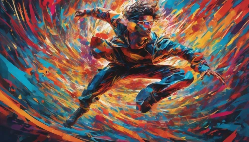 Immerse yourself in a high-octane visual spectacle where vibrant speed lines burst to life, creating the illusion of rapid movement and intense action. The scene features a heroic figure, poised mid-leap, surrounded by swirling colors that convey motion and urgency. Each element is meticulously crafted, from the explosive energy of the character's pose to the intricate details of the background, all harmonizing in a breathtaking display of kinetic art.