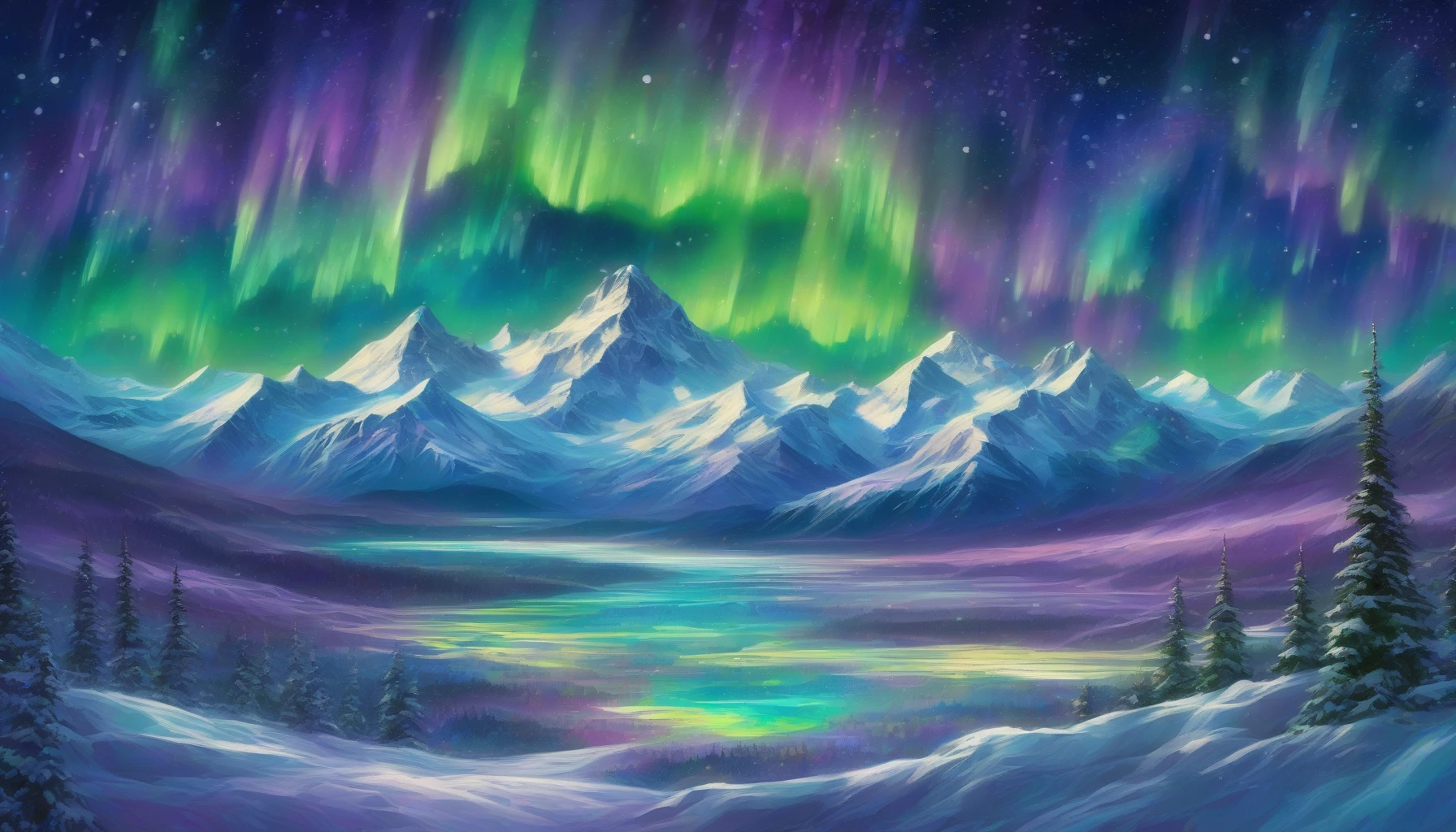 A mesmerizing display of vibrant auroras twists and turns across a starry night sky, weaving intricate geometric patterns that pulse with life. Rich greens, blues, and purples blend seamlessly, creating a magical tapestry that captivates the eye. Below, a serene landscape of snow-capped mountains reflects the vivid colors above, while delicate snowflakes gently fall, adding a touch of winter wonder to this breathtaking cosmic spectacle.