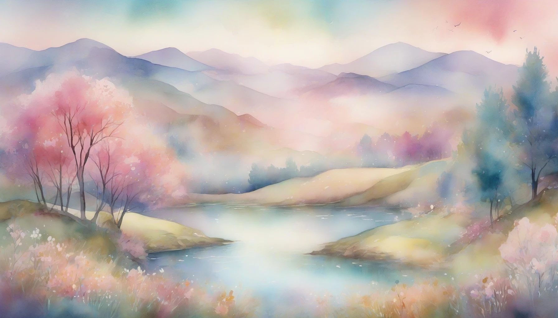 Create a mesmerizing landscape that blends vibrant watercolor hues with ethereal dreamlike elements. Picture a serene valley drenched in soft pastels, where rolling hills meet a shimmering lake that reflects a cotton candy sky. Add silhouettes of whimsical trees and floating petals to evoke a sense of tranquility and wonder, inviting viewers to step into a tranquil fantasy world filled with soft textures and gentle light.