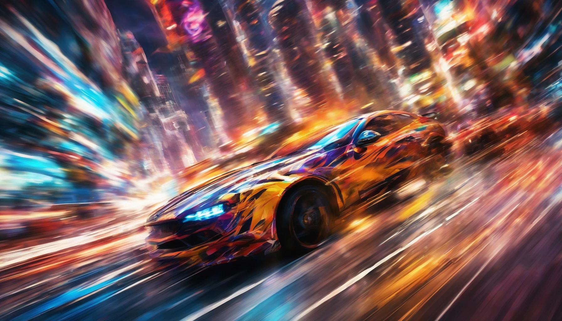 Capture the essence of high-octane action with an explosion of speed lines radiating from a central character in motion. The scene is set in a vibrant urban landscape, where the movement is palpable, and colors blur together, creating a sense of velocity. Enhance the energy with stylized effects like motion trails and dynamic poses, immersing viewers in a thrilling moment frozen in time.