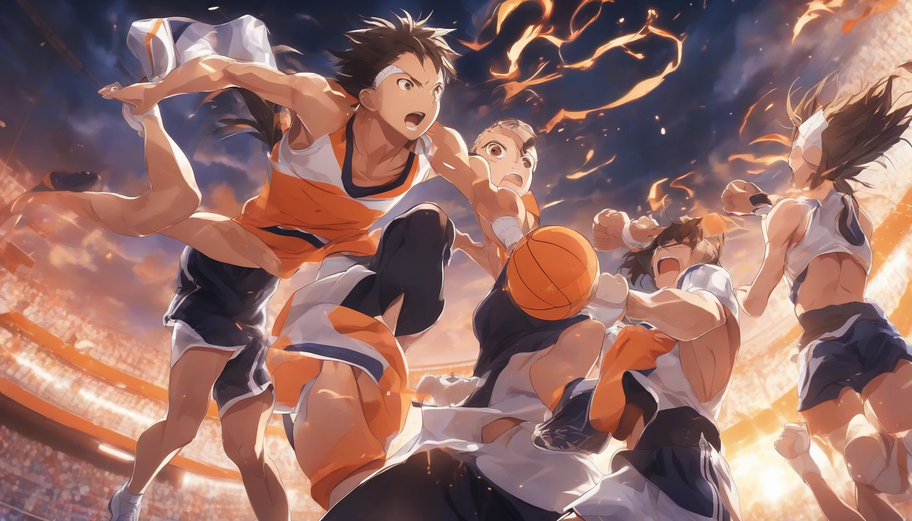 Dive into a high-energy sports anime scene capturing intense rivalries on the court. Two passionate athletes, sweat glistening on their brows, face off in a dramatic showdown. The crowd roars with excitement, banners waving, as the sun sets behind them, casting an orange glow. Each athlete's fierce determination is palpable, with dynamic poses and expressive faces. Energy crackles in the air as they prepare for the ultimate showdown of skill and heart.