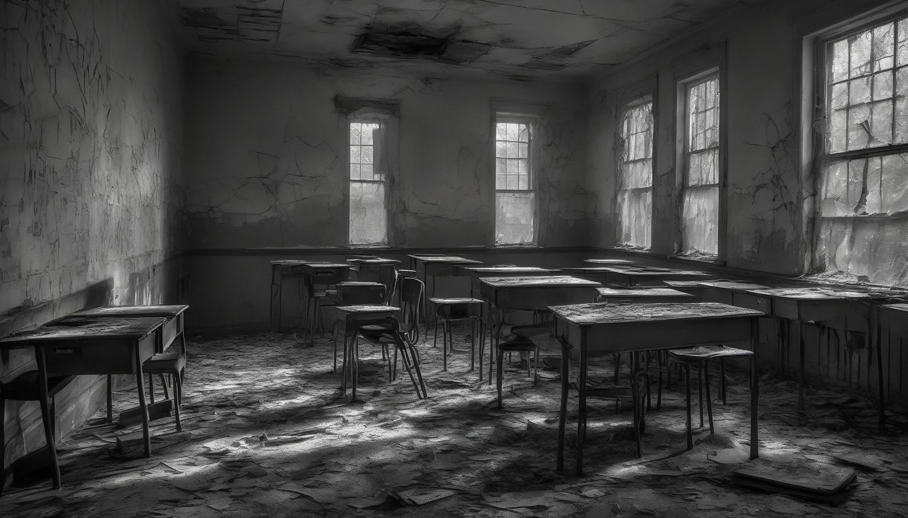 Create an eerie scene inside a dilapidated, overgrown school building, where shadows dance across cracked walls and dusty floors. Faded chalkboards whisper forgotten lessons as ghostly apparitions flicker in the corners. Moonlight streams through shattered windows, illuminating scattered desks and lost belongings, while a chilling breeze carries the faint echoes of children’s laughter. Capture the essence of a haunting yet captivating exploration of the past.