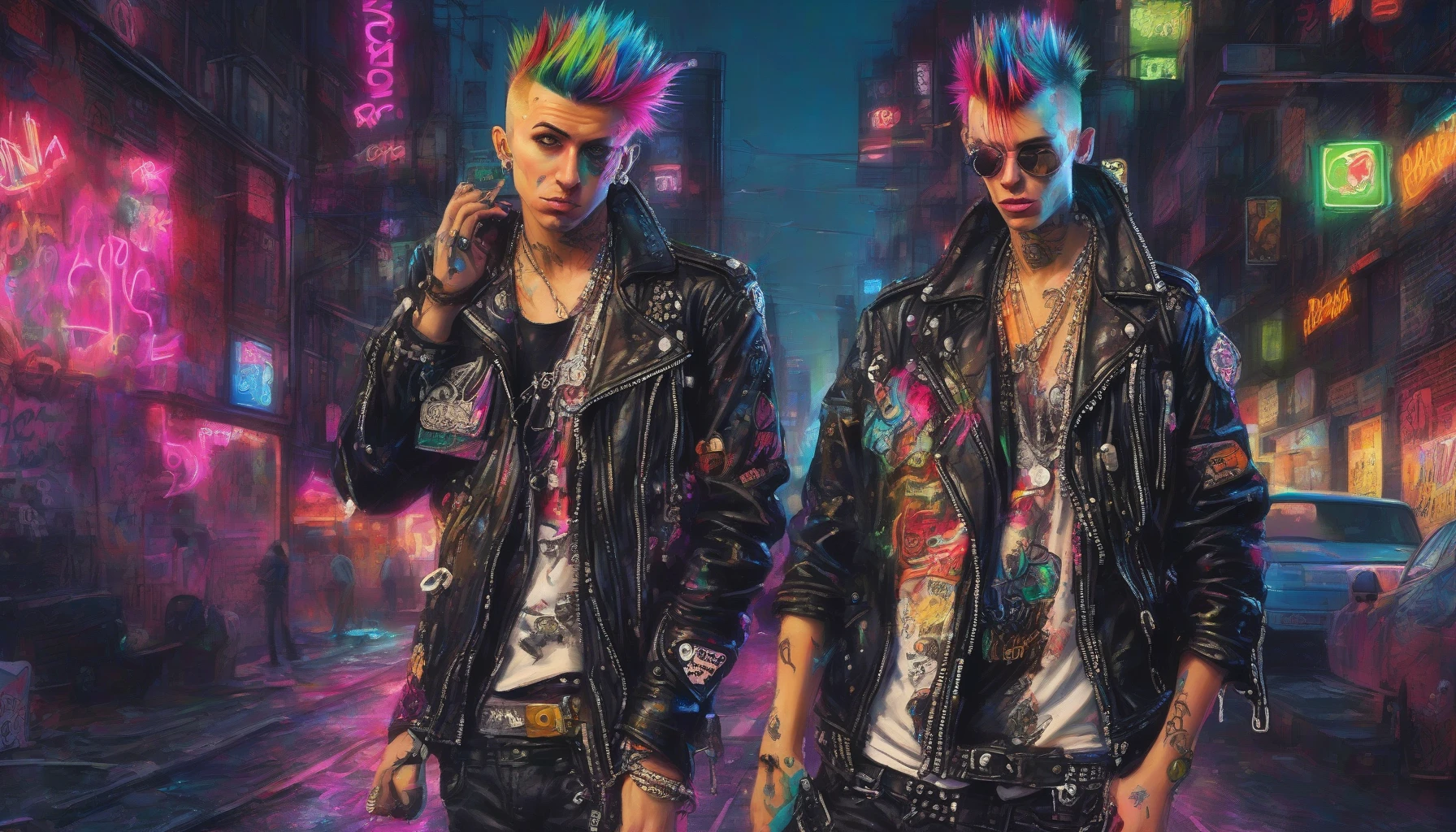 A vibrant, rebellious scene featuring a punk rocker with a striking spiked hairstyle, standing confidently on a graffiti-laden urban street. His leather jacket, adorned with patches and studs, shimmers under the neon lights. Surrounded by the energy of a bustling city at night, the atmosphere is electrifying. The punk's fierce expression and bold colors evoke a sense of defiance and individuality, capturing the essence of youth culture.