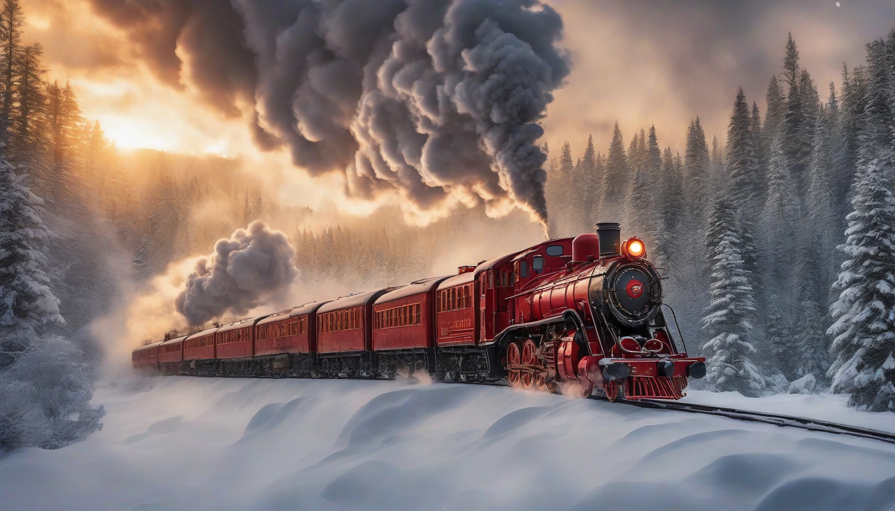 Picture a majestic steam train winding through a breathtaking snowy wilderness. The vibrant red locomotive stands out against the pristine white landscape, billowing clouds of steam that blend with the falling snowflakes. Pine trees, heavy with snow, line the tracks as the sun sets, casting a golden glow on the scene. A sense of adventure fills the air, inviting viewers to imagine the stories unfolding within the train's cozy compartments.