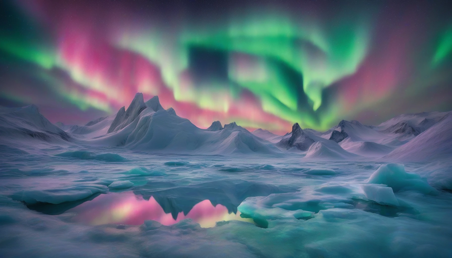 Dive into a surreal landscape where vibrant auroras twist and turn, forming intricate geometric patterns against a starlit sky. Each hue blends seamlessly into the next, casting a magical glow on the icy terrain below. Ethereal shapes emerge in the light, while the frost-kissed ground sparkles with luminescent reflections. This mesmerizing scene invites viewers to lose themselves in the beauty of nature’s artistry and the universe's infinite possibilities.