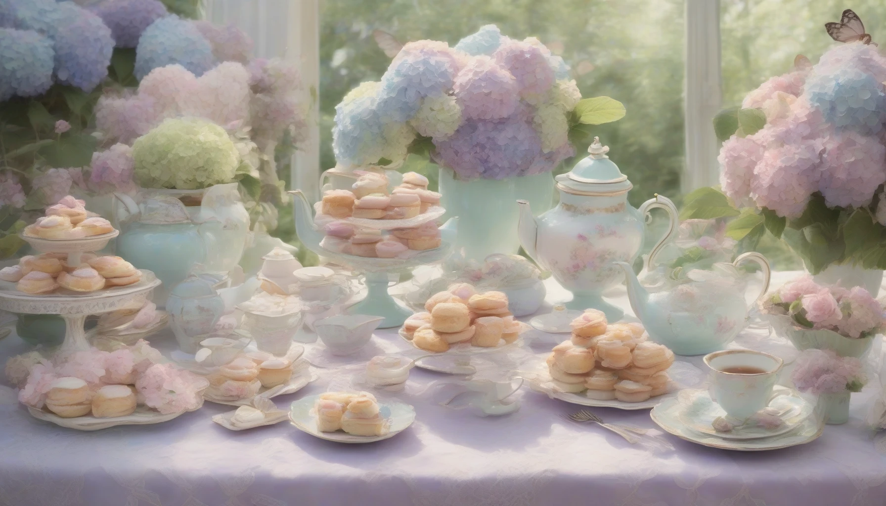 Imagine a serene tea party in a sunlit garden, where delicate pastries and steaming cups of tea sit atop a lace-covered table. Soft pastel hues of lavender, mint, and blush create a dreamy ambiance. Gentle breezes rustle the leaves of blooming hydrangeas, while playful butterflies flit around. The scene captures a heartwarming moment of connection and tranquility, inviting viewers to escape into this enchanting slice of life.