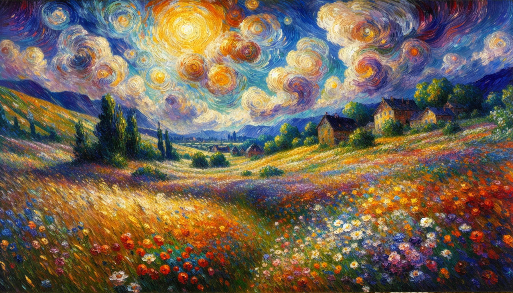 Envision a vibrant landscape drenched in rich, swirling colors that evoke emotion and movement. The scene features a sun-drenched field of wildflowers, with thick, textured brushstrokes capturing the essence of a warm summer afternoon. A quaint village nestles in the background, its roofs painted in playful hues, while the sky is alive with dynamic clouds, evoking the enchanting spirit of the Post-Impressionist movement.