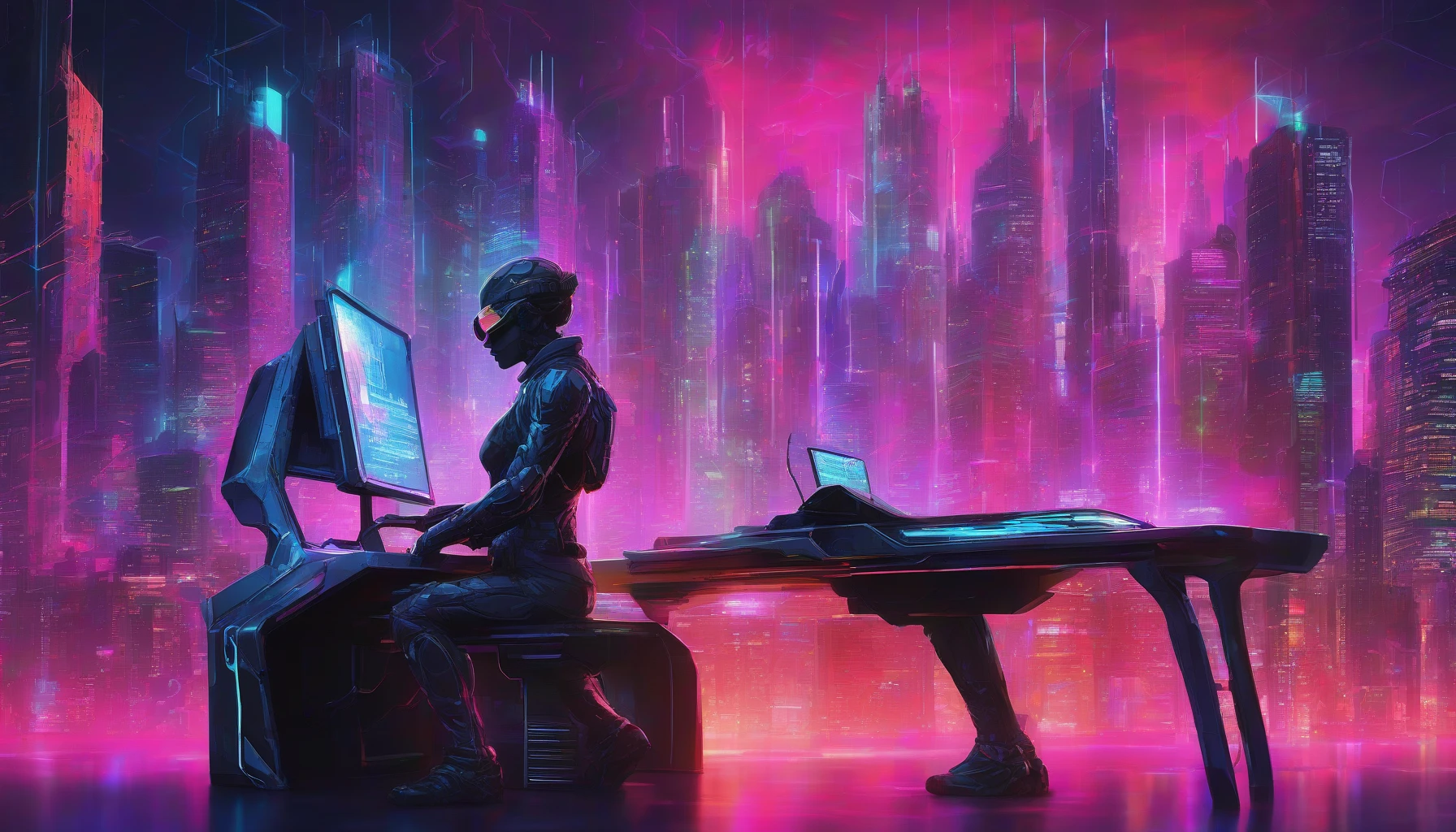 In a neon-lit urban landscape, a sleek figure sits at a futuristic console, their glowing goggles illuminating the dark surroundings. The keyboard before them pulses with vibrant colors, casting reflections on their focused face. Binary code streams across a translucent screen, while towering skyscrapers adorned with holograms loom in the background. This is a world where technology merges with artistry, and hacking is an art form of its own.