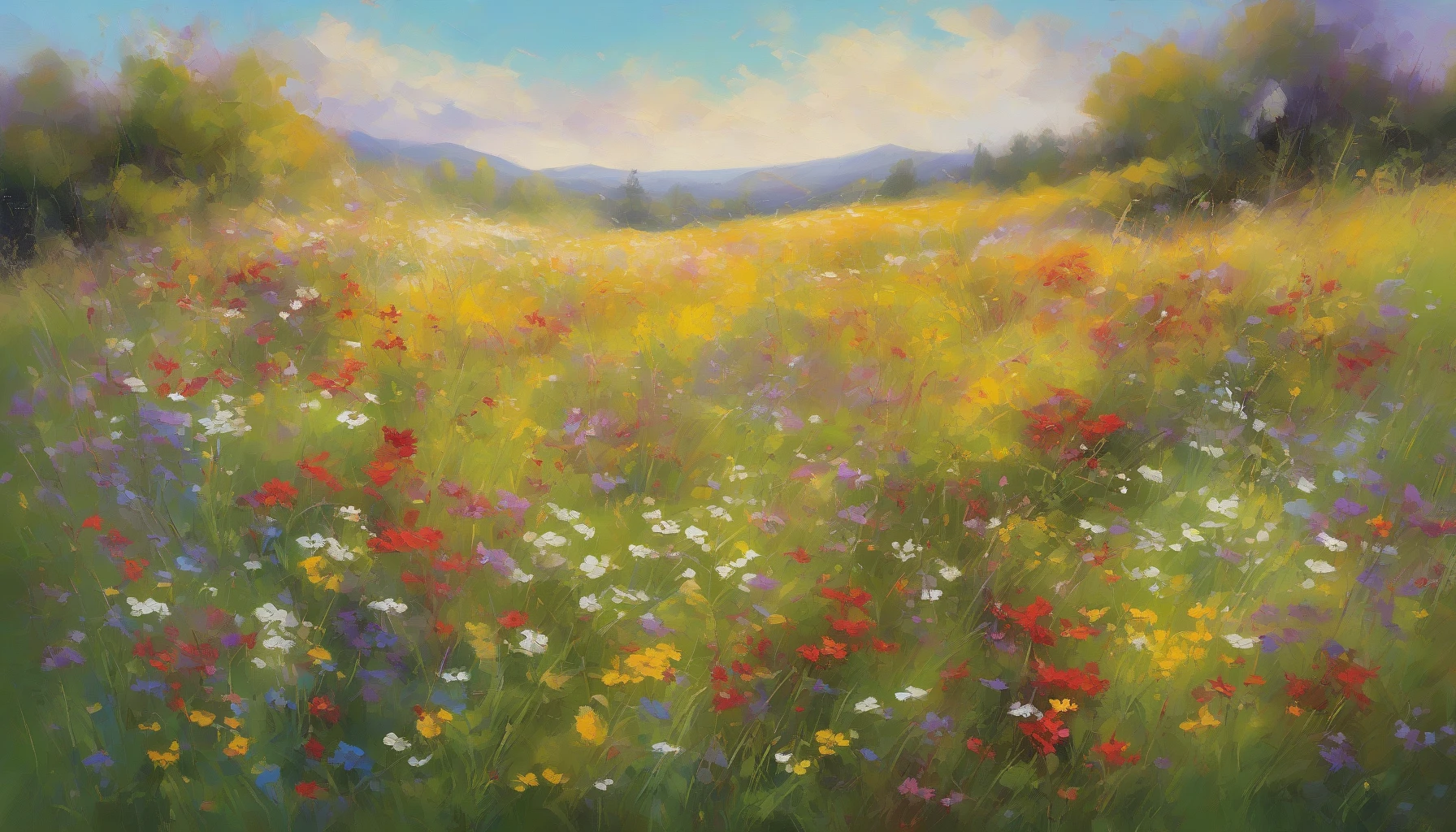 A vibrant meadow bursts with colorful wildflowers swaying gently in the breeze, each blossom a splash of reds, yellows, and purples against a lush green backdrop. Above, a clear blue sky stretches endlessly, dotted with wispy white clouds that lazily drift by. The warm sun bathes the landscape in golden light, creating a serene and harmonious atmosphere that invites tranquility and joy.