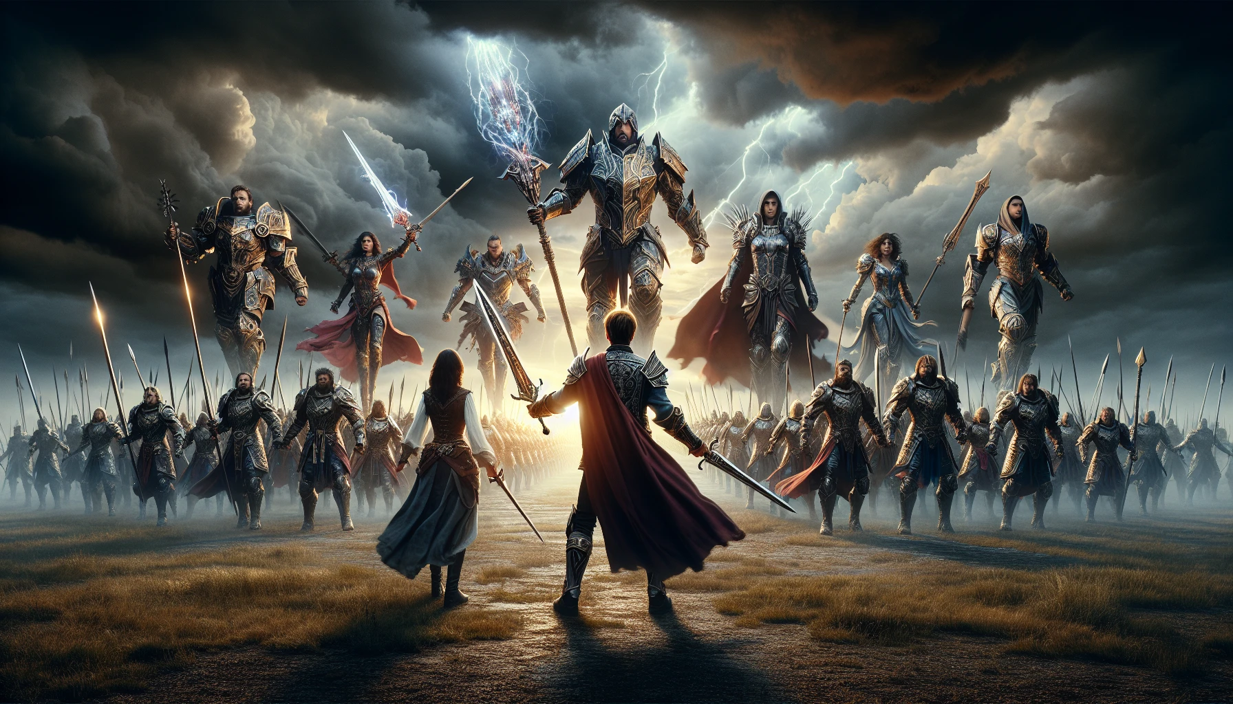 In a majestic landscape, two colossal armies face off under a stormy sky, thunder rumbling in the distance. Warriors, clad in intricate armor, wield weapons that glint menacingly. At the forefront, a heroic figure raises a sword radiating with energy, rallying allies for the intense battle ahead. The air crackles with tension, as the ground quakes beneath the imminent clash of fate.