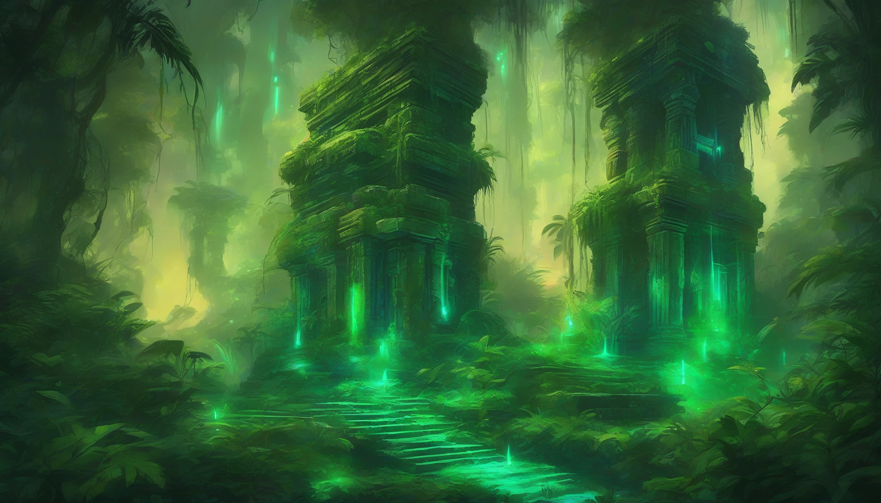 Deep in a lush, bioluminescent jungle lies the ruins of an ancient alien temple, draped in vibrant green vines and surrounded by glowing flora that pulsate with ethereal light. Crumbling stone structures, adorned with mysterious glyphs, emerge from the earth, whispering secrets of a long-lost civilization. A gentle mist envelops the scene, lending an otherworldly atmosphere as strange creatures flit between the luminous plants, inviting exploration.