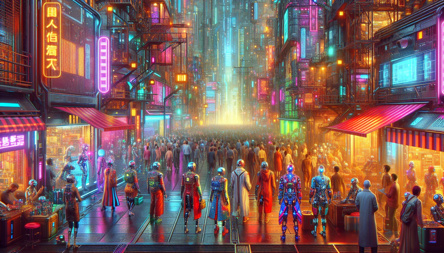 Dive into a vibrant cyberpunk street scene alive with energy. Robotic vendors peddle their wares amidst a bustling crowd clad in futuristic attire, showcasing a kaleidoscope of fashion and technology. Neon lights illuminate the metallic surfaces and glass buildings, casting colorful reflections that dance across the scene. The air is thick with excitement, as the hum of advanced machinery mingles with the sounds of lively chatter.