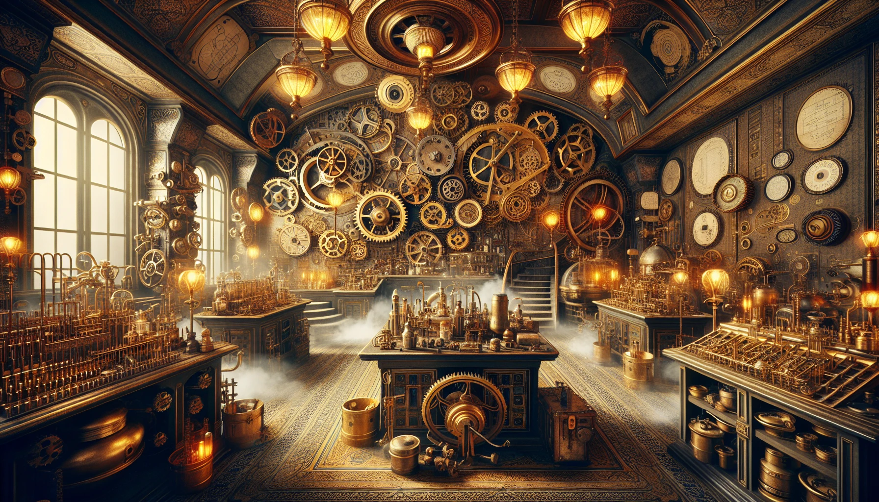 Step into a fantastical steampunk workshop, where intricate gadgets and whimsical machinery come to life. Gears and cogs spin rhythmically under the soft glow of brass lamps, illuminating walls lined with blueprints and curiosities. A workbench overflows with tools and half-finished inventions, while steam wafts through the air, adding a sense of magic. A sense of creativity and innovation fills the room, inviting exploration and inspiration.